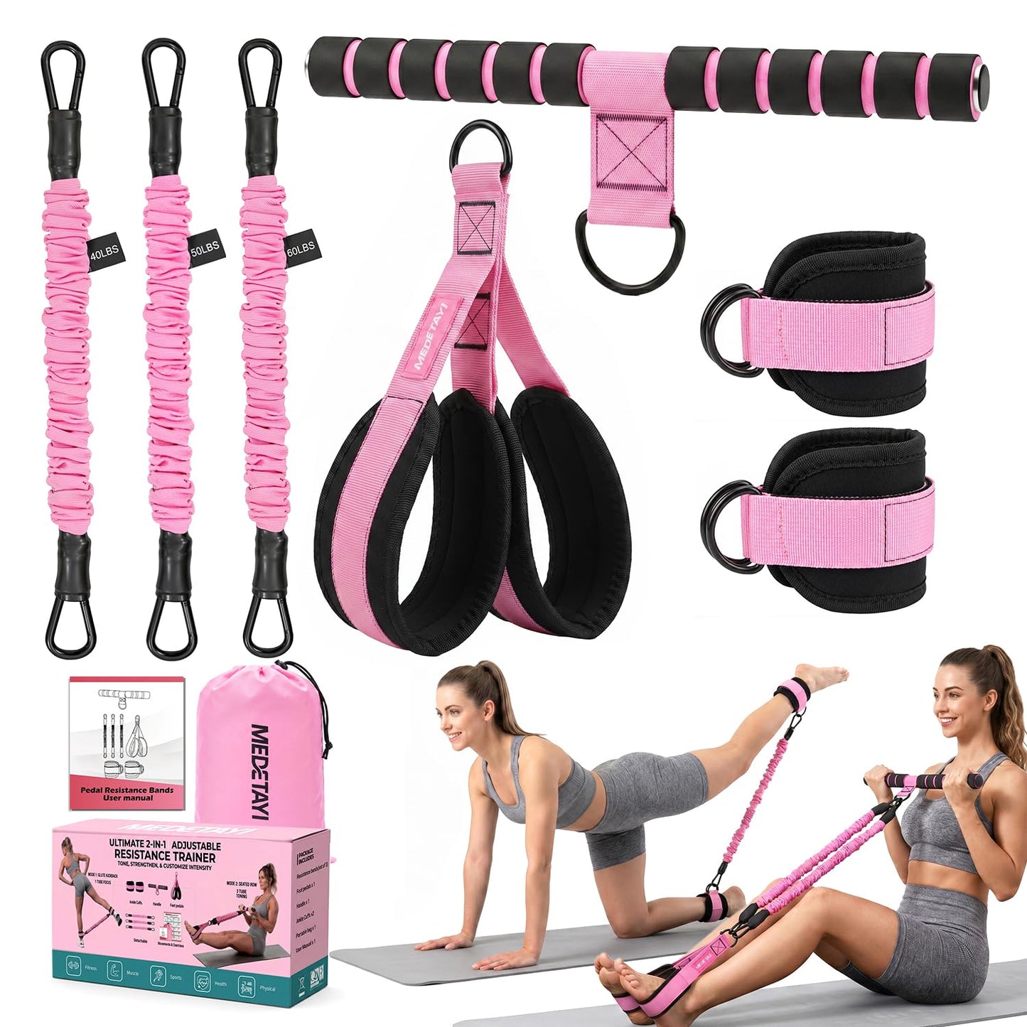 MEDETAYI Pedal Resistance Band 40/50/60 lbs with Handles and Ankle Cuffs, 3-Tube Adjustable Exercise Bands for Women’s Home Workout, Abs, Core, Arm, Leg and Hip Training