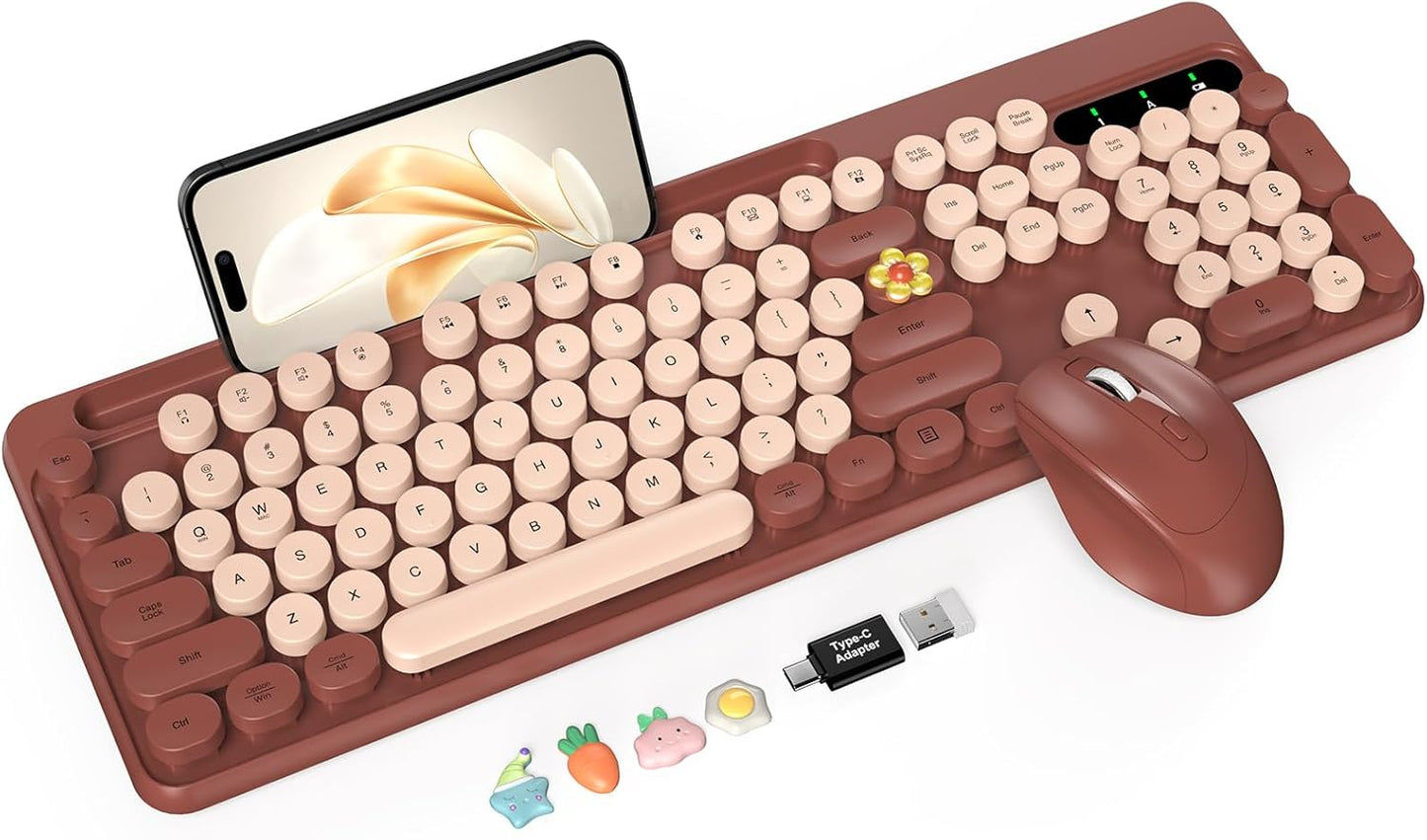 Trueque 2.4GHz Wireless Keyboard and Mouse Combo, Retro Round Keycaps, Full-Size Cute Typewriter Keyboard with Large