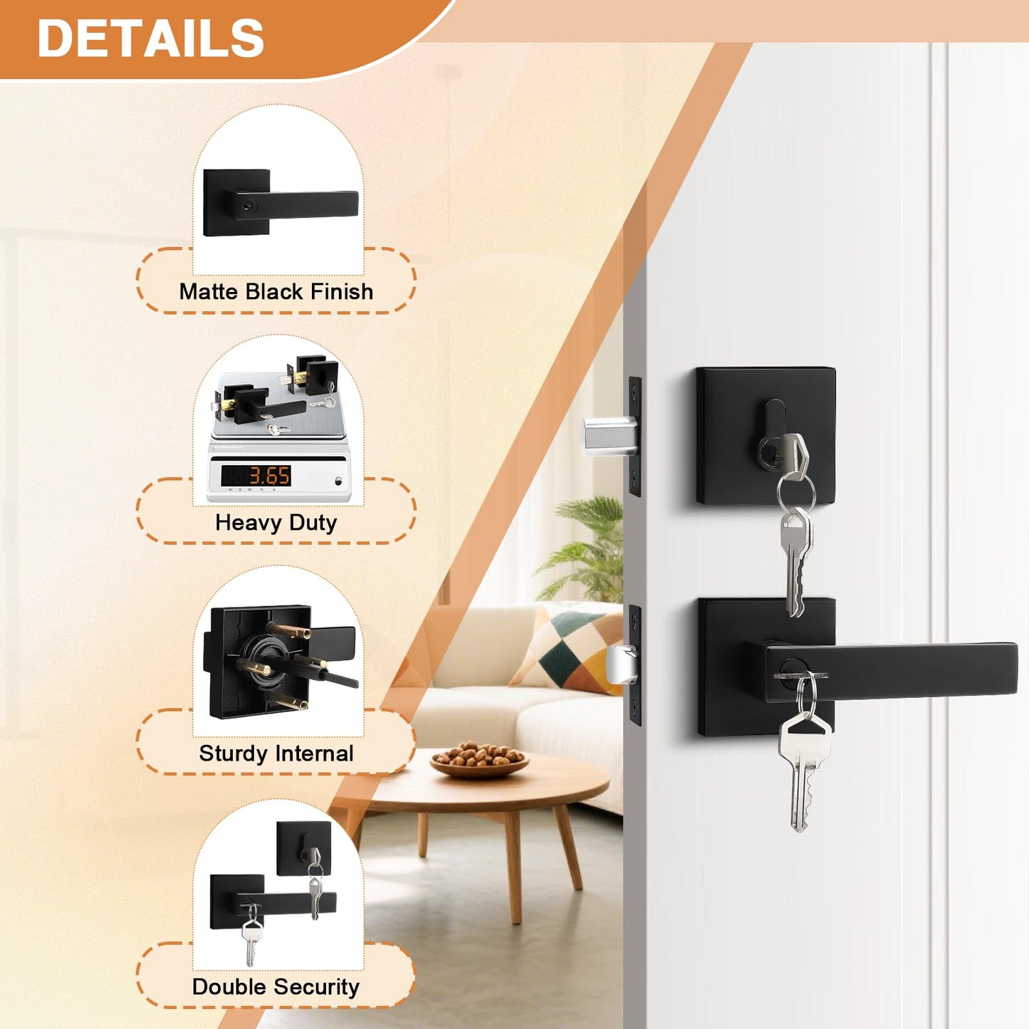Probrico Square Entry Levers and Single Cylinder Deadbolts Combo Pack, Flat Black Keyed Alike Heavy Duty Keyed Entry Handles Locksets Reversible for Right and Left Side, 2 Pack(All Same Keys)