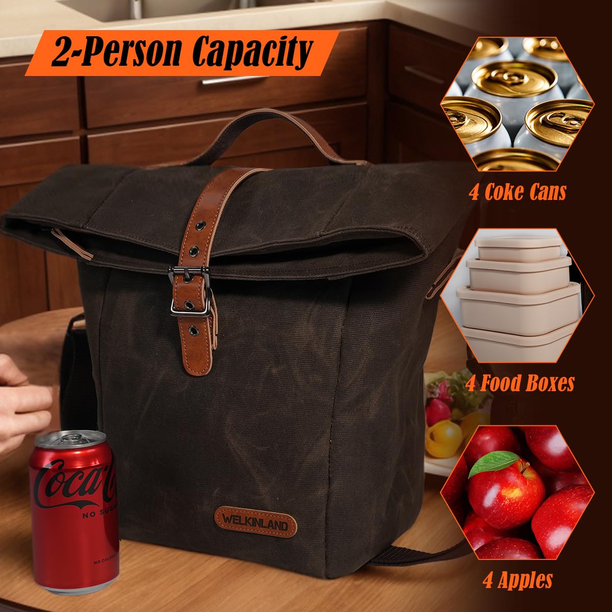 WELKINLAND 6H Insulation Leakproof Waxed Canvas Lunch Bag, Brown Heavy-Duty Lunch Bags, Lunch Tote Bags For Men, Men Lunch Box For Work