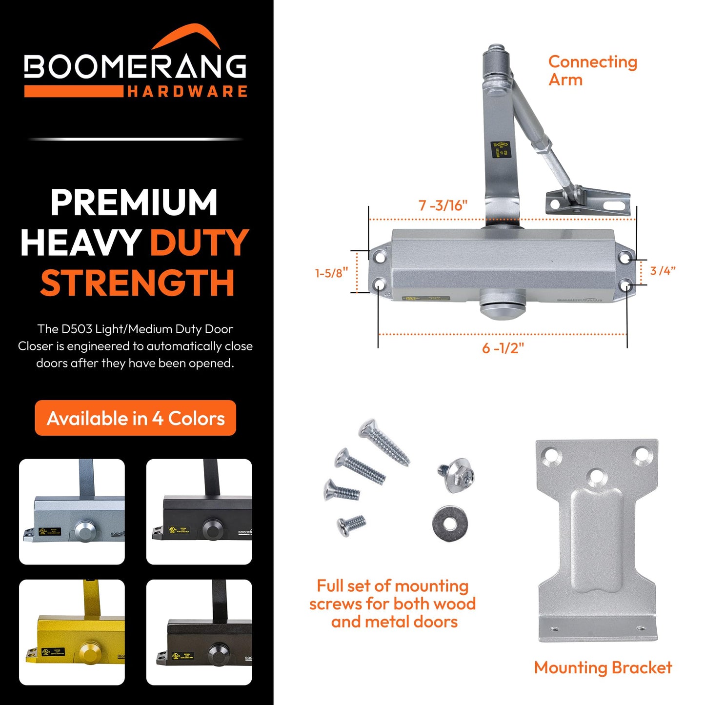 Boomerang D503 Light/Medium-Duty Designer Auto Commercial Door Closer, Multiple Mount Options, Door Closer for Light/Medium Traffic Areas, UL 3 Hour Fire Rated, Aluminum/Silver (US26D)