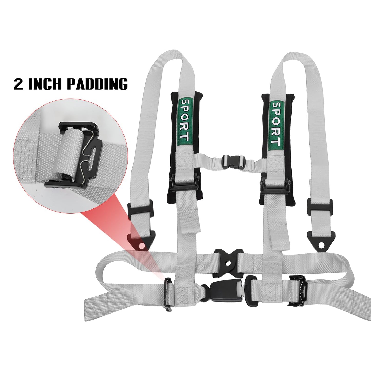 BESTZHEYU 4 Point Harness SFI with 2 Inch Heavy Duty Shoulder Padding with Quick Auto buckle for UTV ATV Sports Car, Racing Car, Car Silver Racing Harness 2 PCS