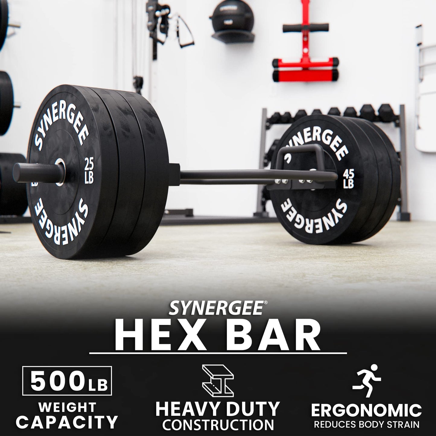 Synergee 7kg Black Olympic Hex Barbell Trap Bar with Standard Height Handles for Squats, Deadlifts, Shrugs and Power Pulls. 49” Long Bar with 10” Sleeve.