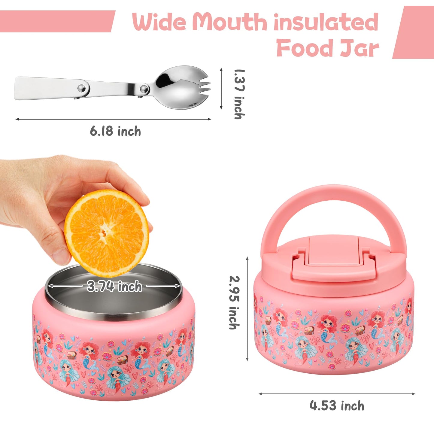 BABHAMNESS 13.5oz Soup Thermo for Hot Food Kids Insulated Vacuum Food Jar with Buckle Lid,Wide Mouth Leakproof Stainless Steel Lunch Container with Spoon-Mermaid
