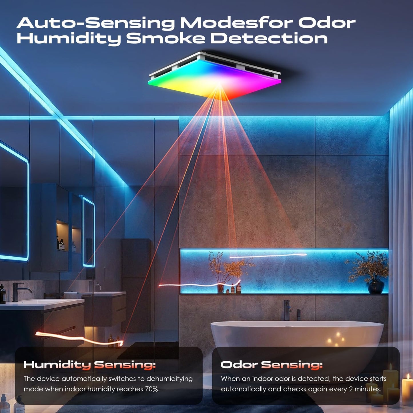 BSEED Wifi Smart Bathroom Exhaust Fan with Light, Bluetooth Speaker & Humidity Sensor, 230 CFM 1.5 Sone, 7 RGB Modes & 3CCT Adjustable Light & Nightlight, Music Sync, App/Remote Control, Easy Install