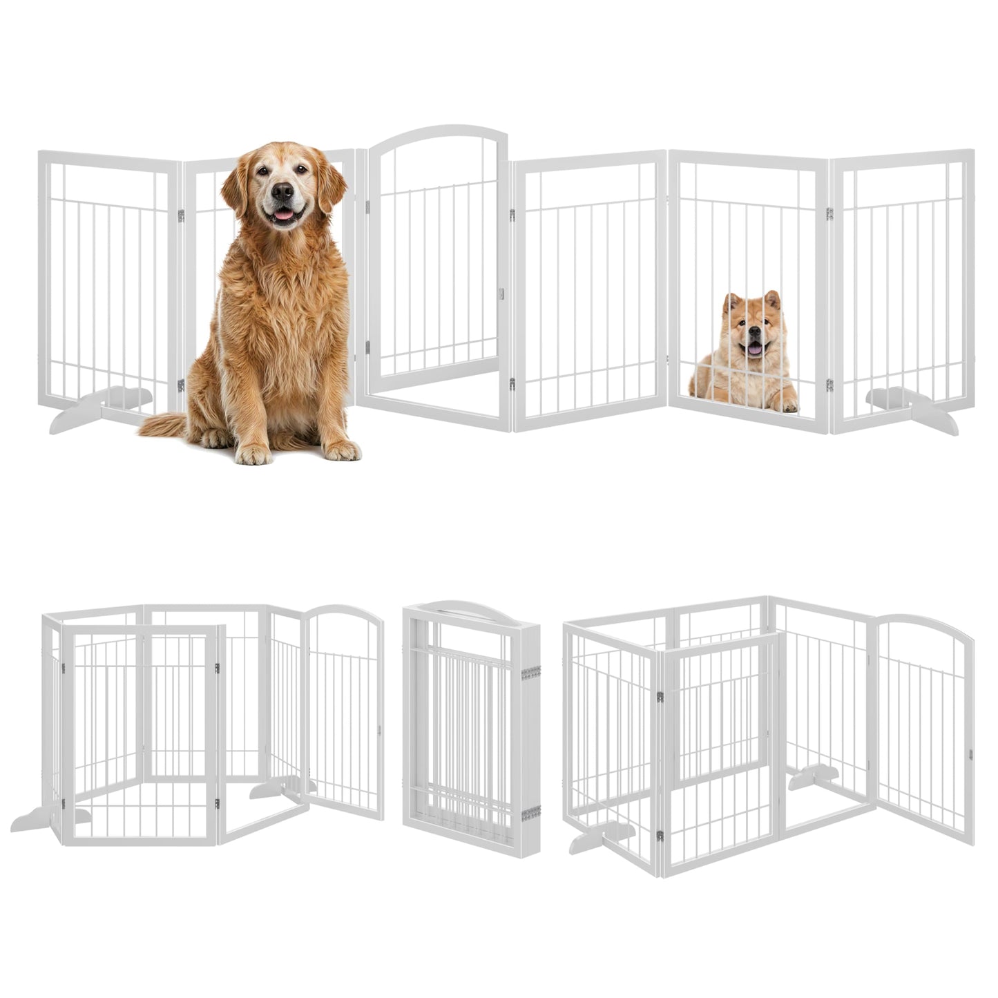 Vantas Folding Pet Gate 144" Wide, 30" Tall No-Assembly Metal Dog Gate with Door Walk Through, Freestanding Wire Pet Puppy Safety Fence, with 2PCS Support - White