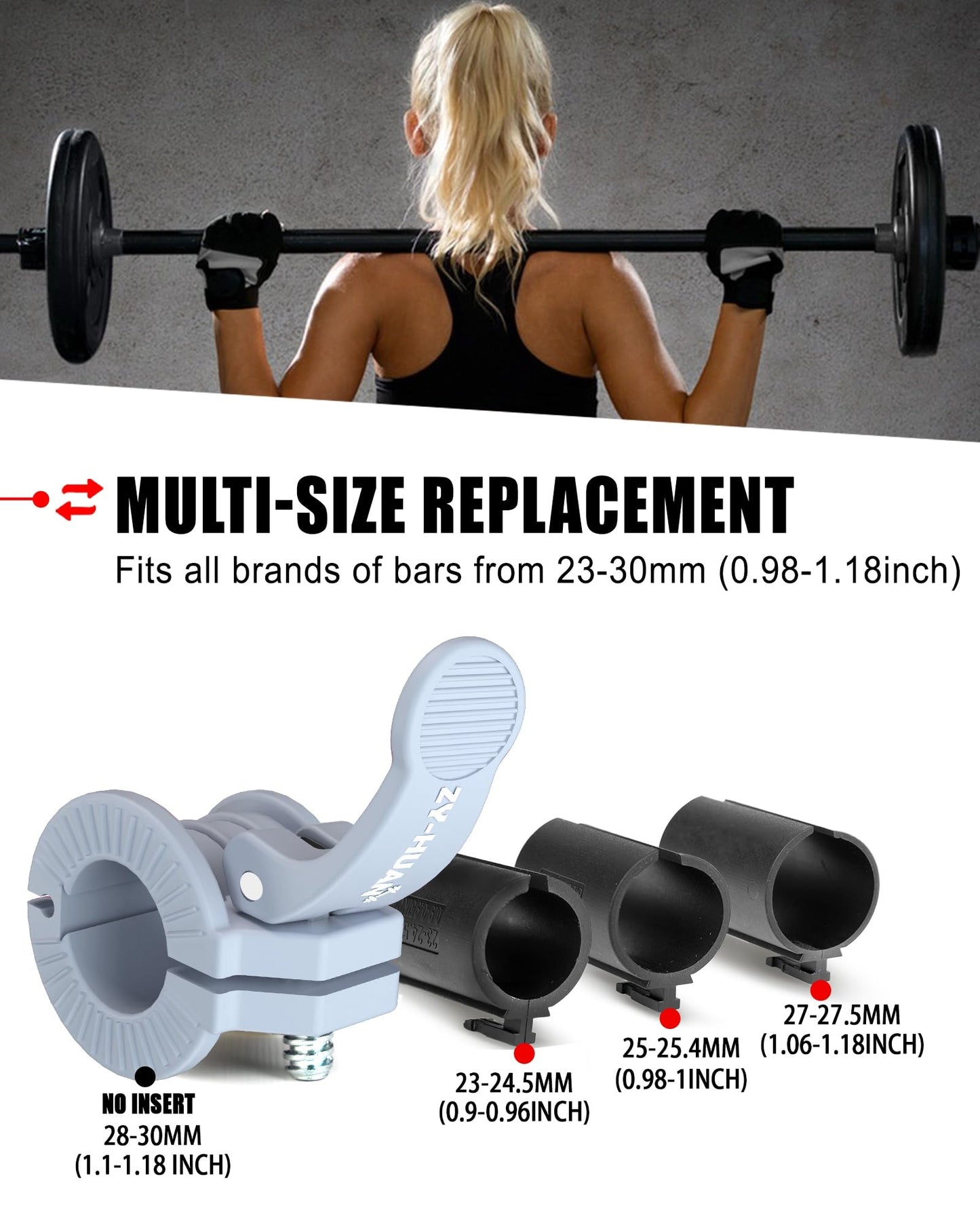 ZY-HUAN Pro Barbell Clips 1 inch Barbell Clamps 0.9-1.18inch Quick Release Weight Clips for Bars Multi-Size Adjustable Olympic Barbell Clamps (Gray)