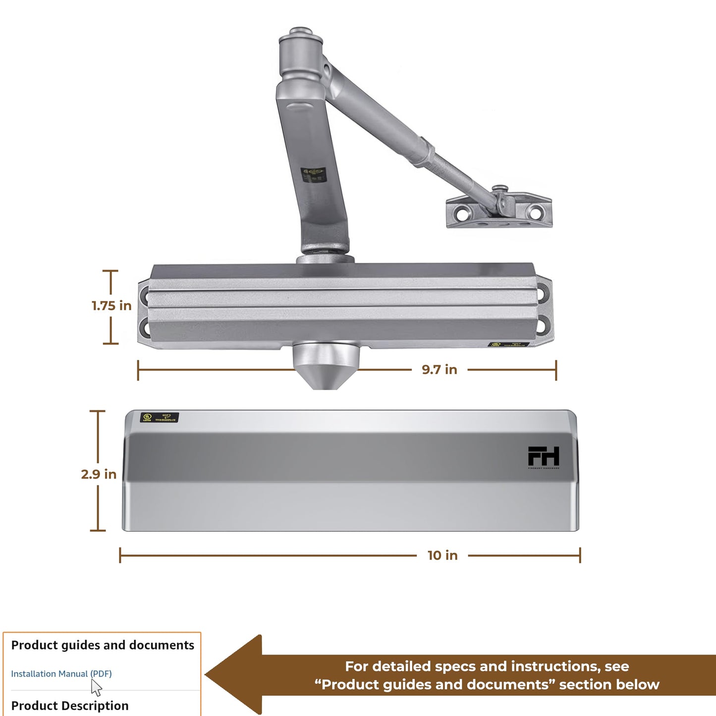 Finsbury Medium Heavy Duty Door Closer – Grade 1 Commercial, Adjustable Spring Size 1–6, ADA & UL 3-Hour Fire Rated, Hydraulic Auto Close, Surface Mount for Interior/Exterior Doors (Aluminum)