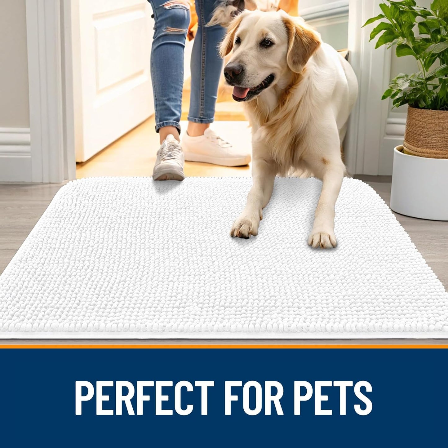 OLANLY Dog Door Mat - Absorbent Non-Slip Washable Chenille Mat for Muddy Paws | 59x32 Inches, White