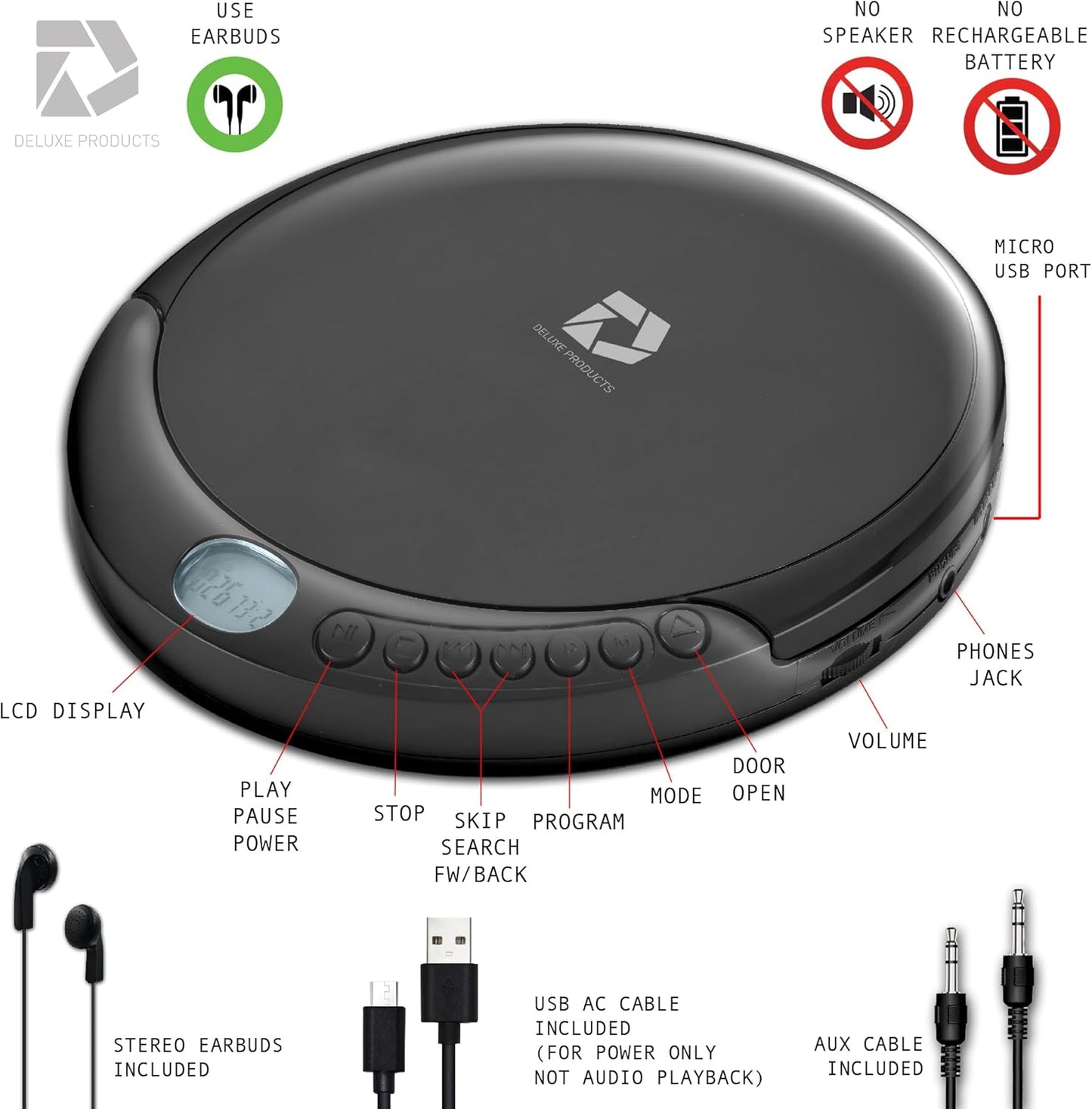 Deluxe Products 60 CD Player Portable with Second Anti Skip, Stereo Earbuds, Includes Aux in Cable and AC USB Power