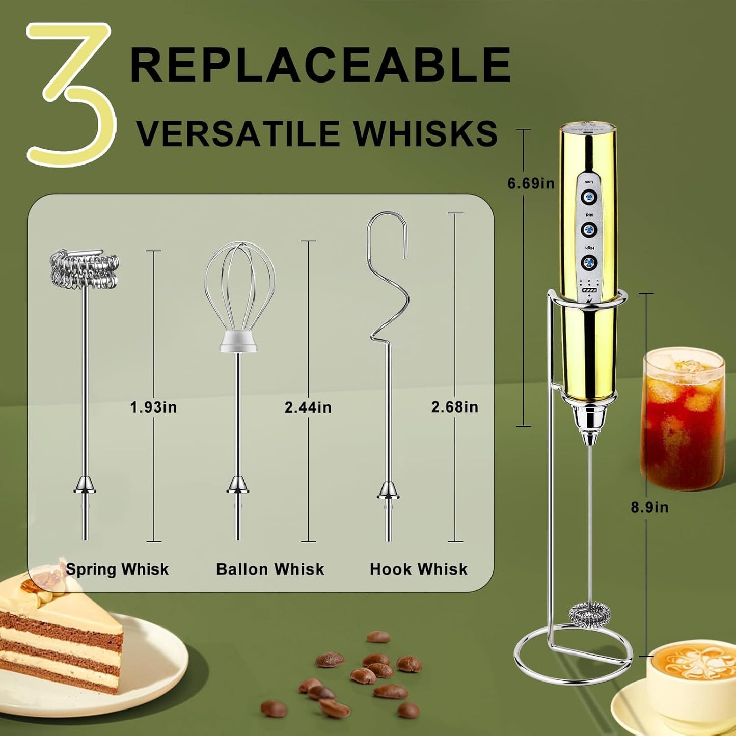 YUSWKO Handheld Milk Frother - Champagne Gold Electric Whisk with Stand, 3 Speeds & 3 Heads for Coffee, Latte & More