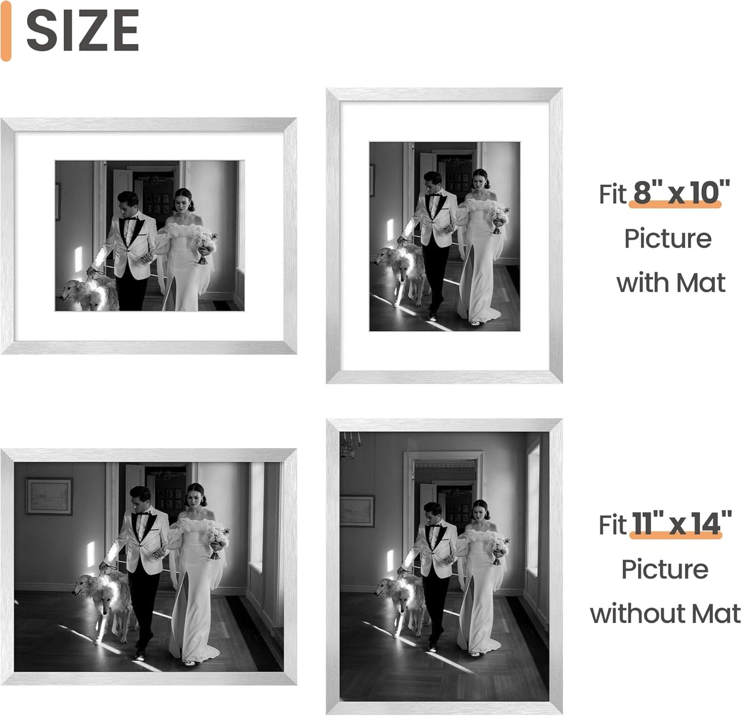 Upsimples 11x14 Picture Frame - Display 8x10 Photos with Mat or 11x14 Without - Silver Finish, 1 Pack