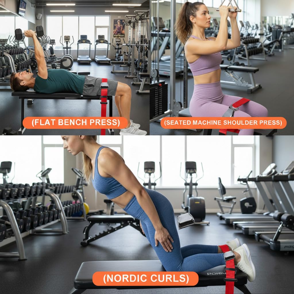 Nordic Curl Stabilizer Strap with Anti-Slip Locking Buckle, Adjustable 63-Inch gym seatbelt for Bench, Nordic Curl, Leg Extensions, Seated Rows & Home Gym Training(red)