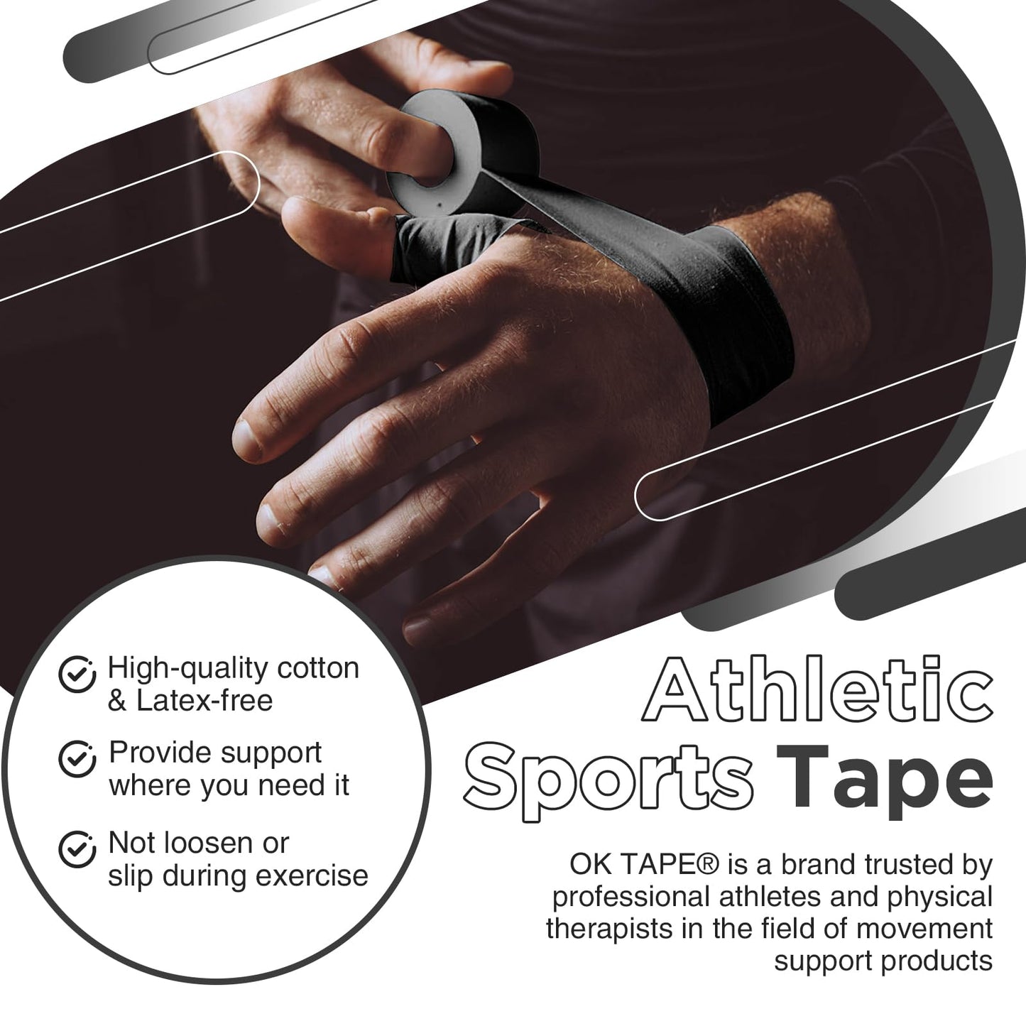 OK TAPE Athletic Sports Tape（4 Packs) Black- 32.8ft Per Roll Athletic Tape for Injuries,Strong Stick No Residue Athlete & Sport Trainers First Aid Injury Wrap, Hockey Stick