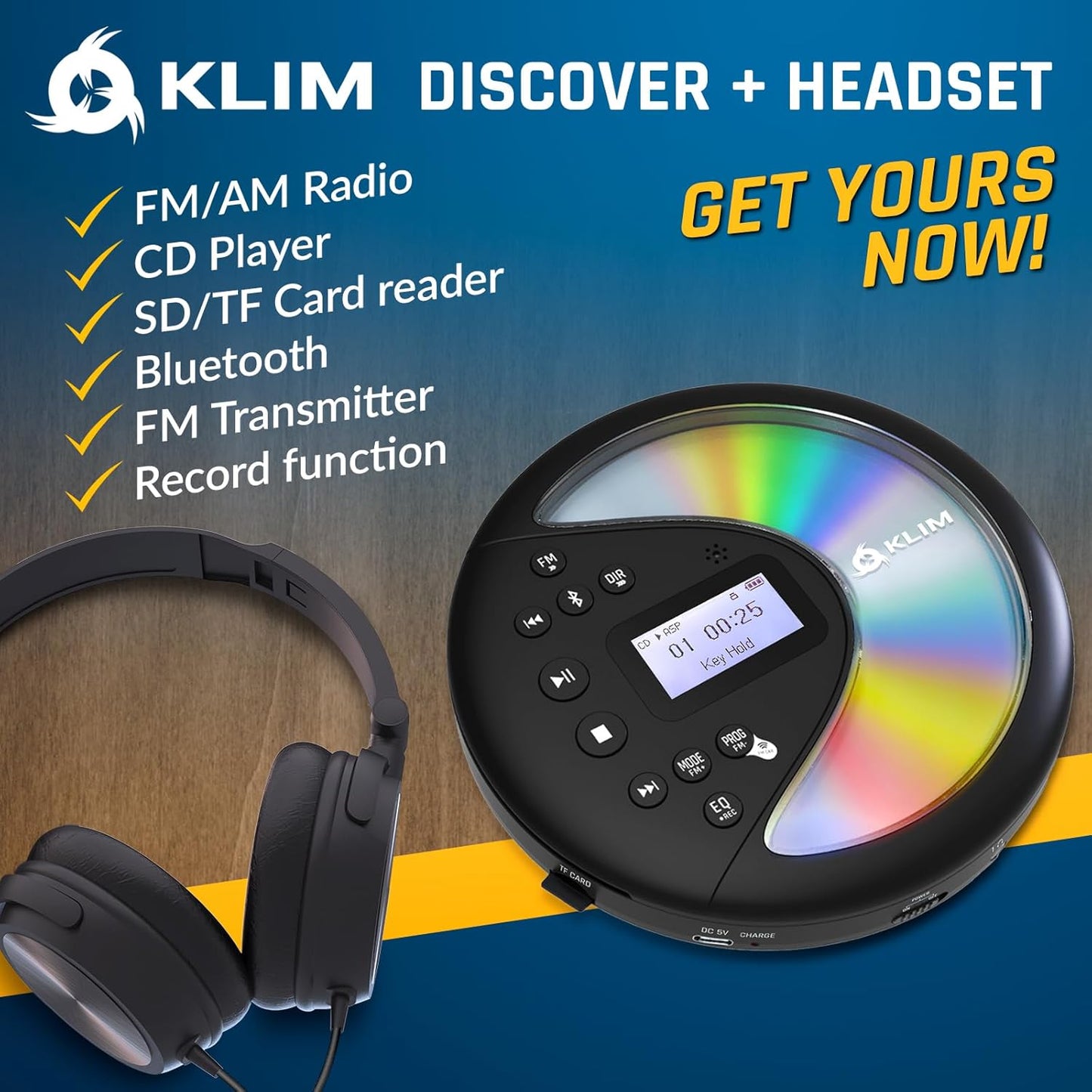 KLIM MP3 Discover with Headphones - Portable CD Player Walkman with Long-Lasting Battery - New - Radio FM - Compatible