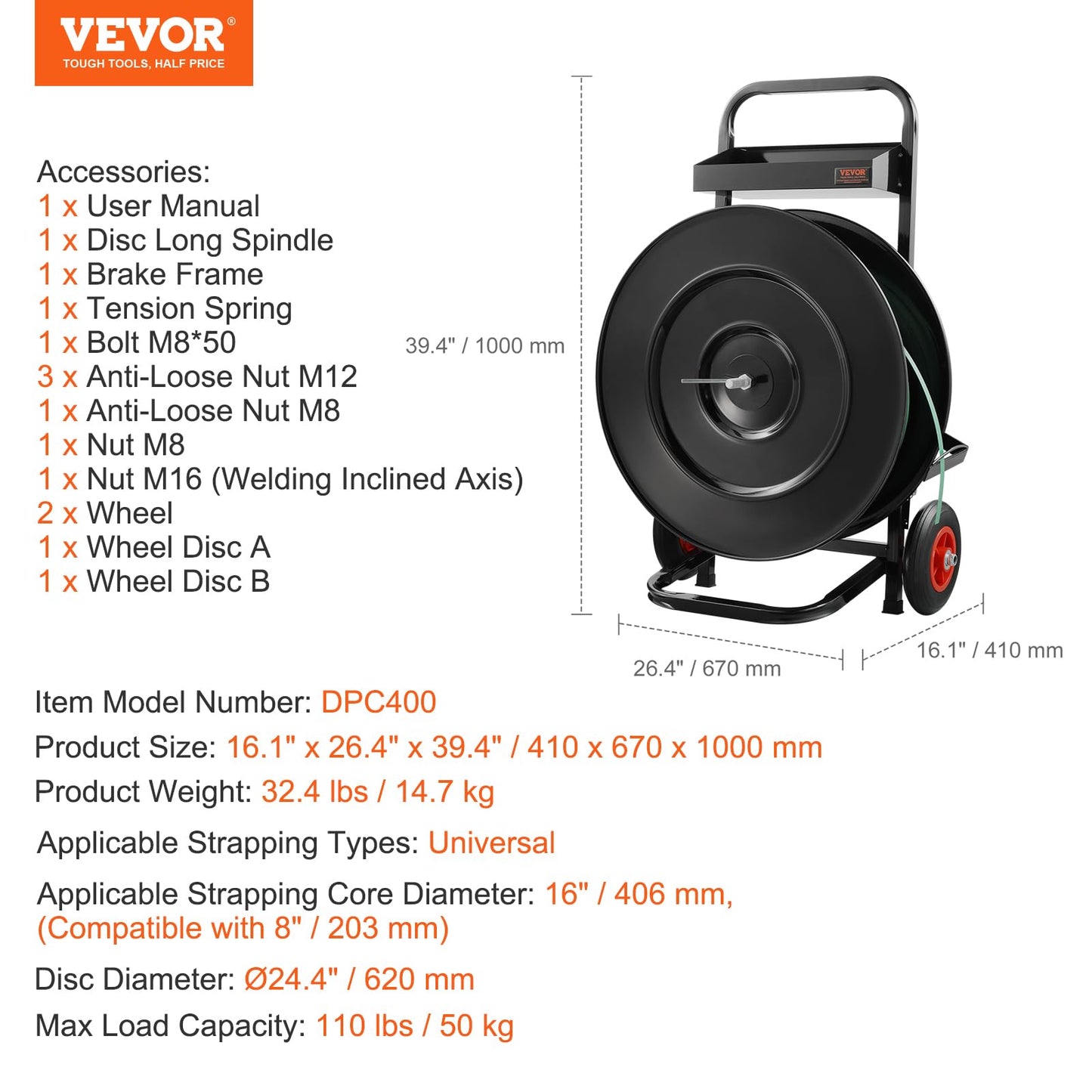 VEVOR Banding Strapping Cart, for PET/PP/Fiber Strapping Coils with 8" or 16" Core Size, Heavy Duty Strapping Dispenser, Equipped with Anti-Retreat Pulleys, Upgrade Brake System, Spacious Tray
