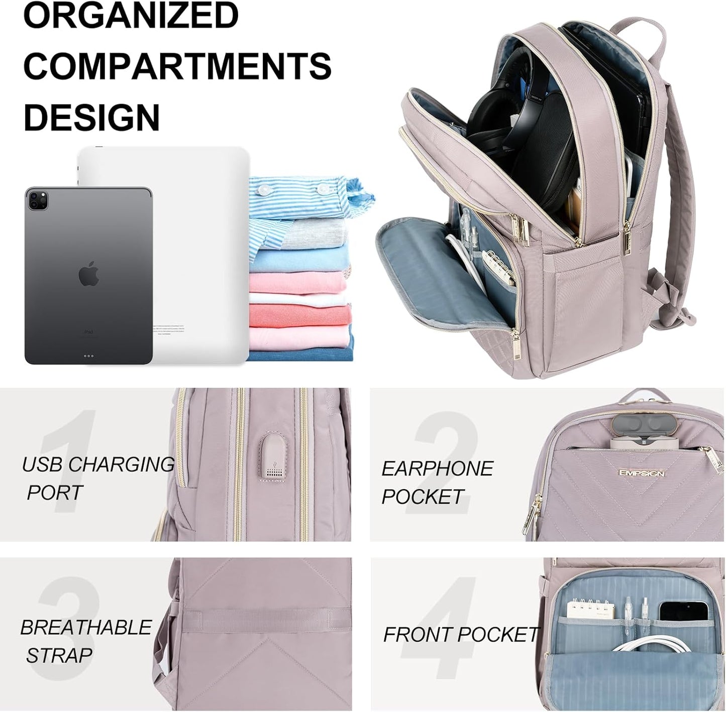 Backpack 15.6 Inch Backpack, 30L Backpack, EMPSIGN Laptop Purse for Women and Men with USB Charging Port, Travel Water