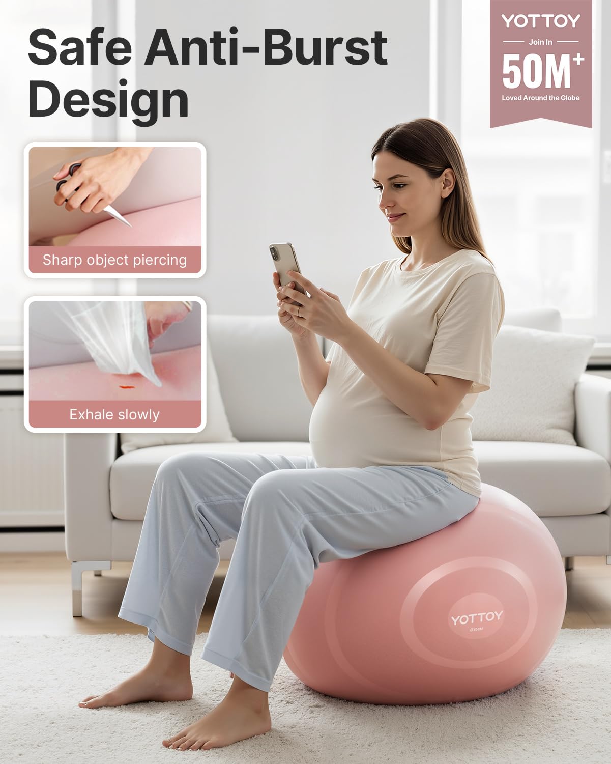 YOTTOY Exercise Ball for Pregnancy,Anti-Burst Yoga Ball for Physical Therapy,Stability Ball for Ball Chair Fitness with Pump (Pink)
