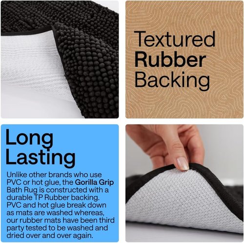 GORILLA GRIP Bath Rug Mat - Soft Absorbent Chenille | Quick Dry Microfiber, 70x24, Black