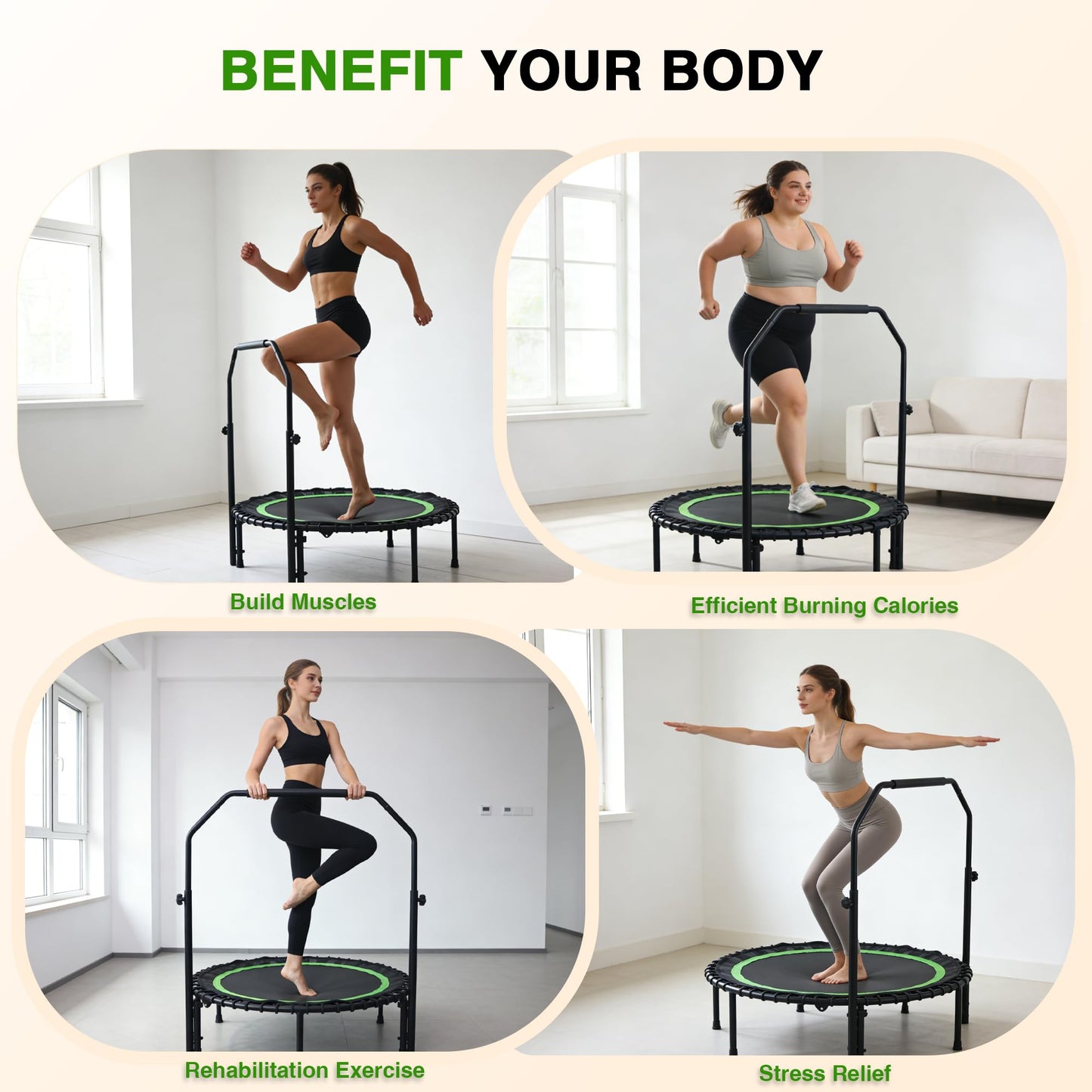 40" Mini Rebounder Trampoline for Adults with Handle, Foldable Mini Trampoline with Bungees, Adjustable Foam Handle, Stable & Quiet, Max Load 440lbs