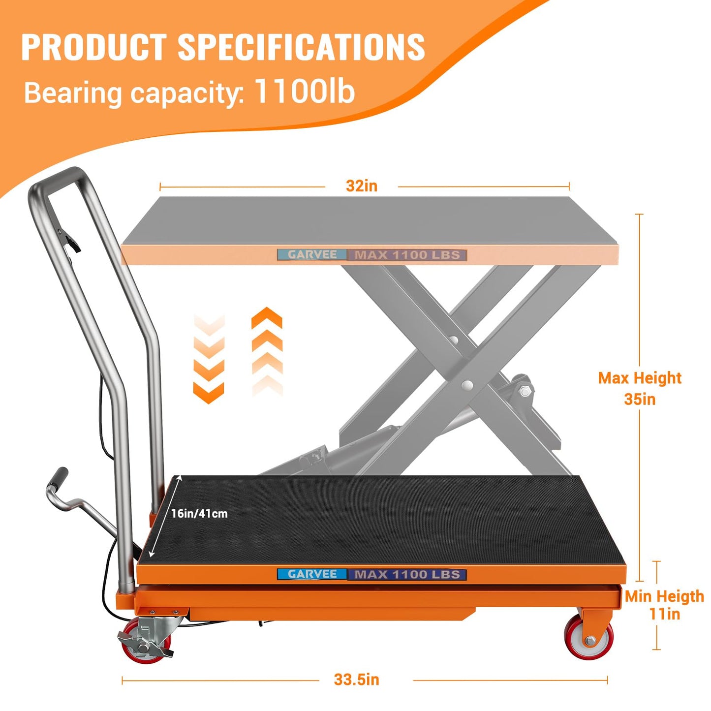 Garvee Hydraulic Lift Table Cart, 1100lbs Capacity 32" Lifting Height, Manual Single Scissor Lift Table with 4 Wheels and Non-Slip Pad, Hydraulic Scissor Cart for Material Handling, Orange