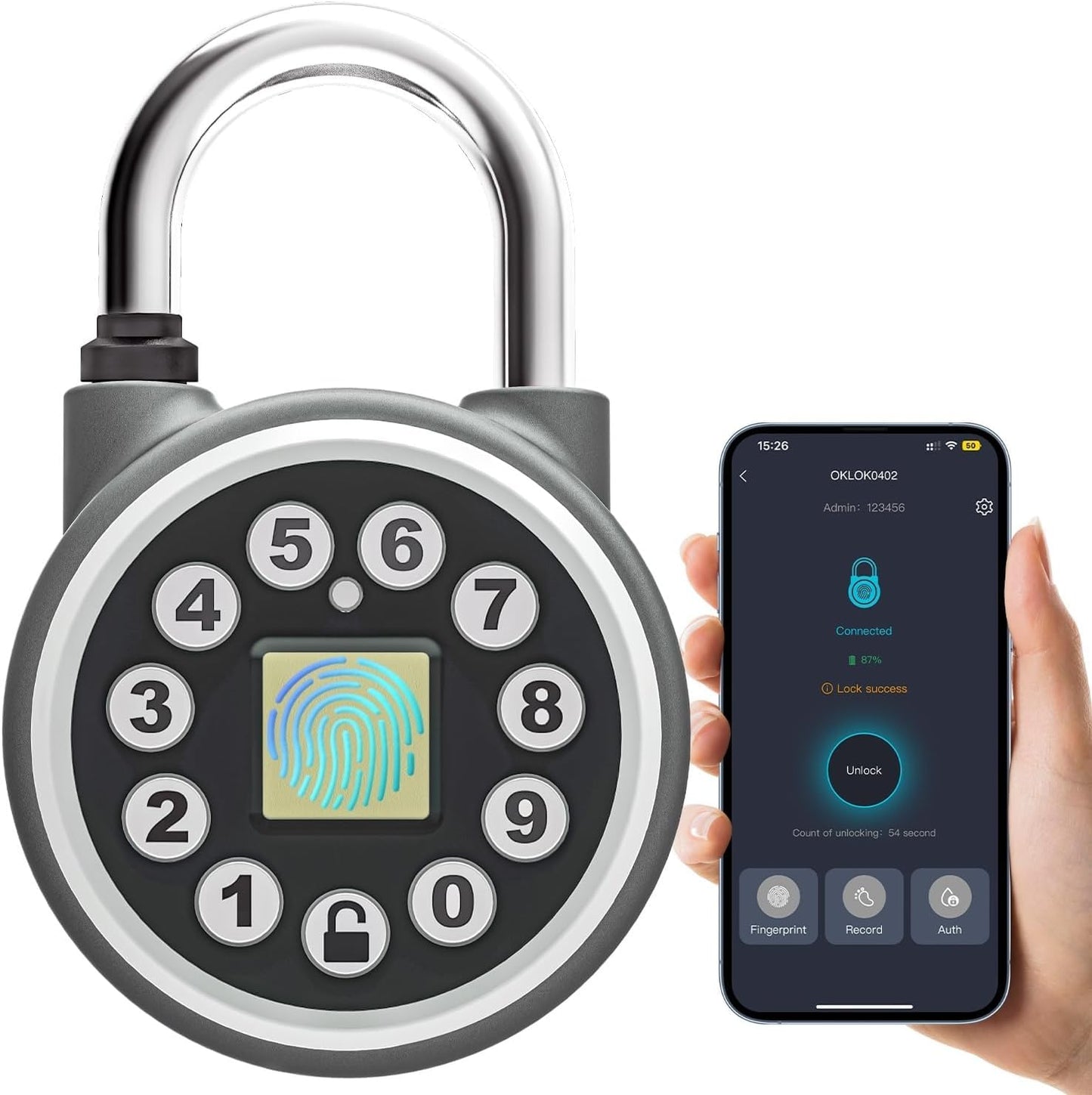 SFW Fingerprint Padlock, Bluetooth Pad Locks with Code, Water Resistant Smart Padlocks with Mobile App, Suitable for Gym, Sports Facilities, Bicycles, Schools, Luggage and Lockers