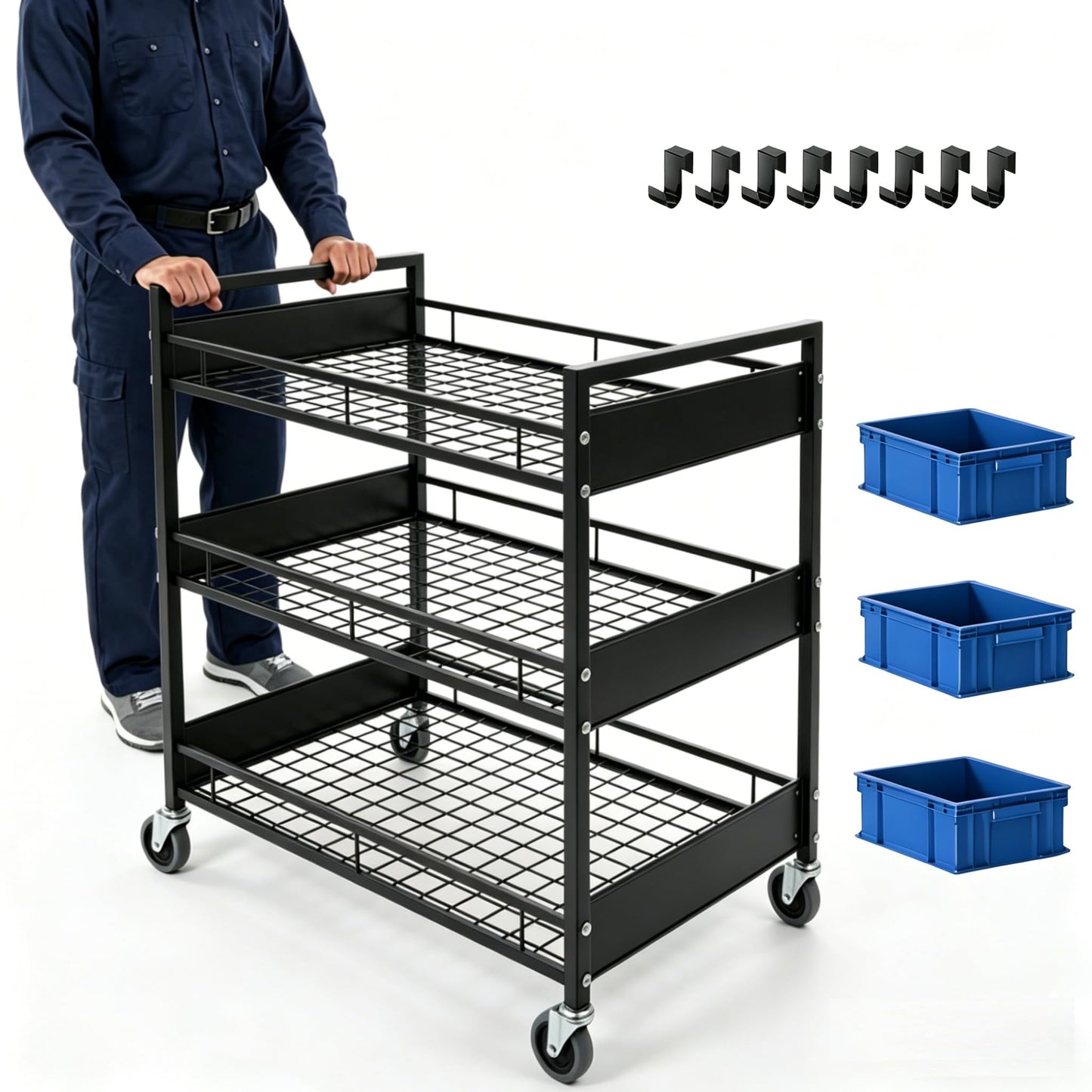 Heavy-Duty 3-Tier Metal Utility Cart with Locking Casters – 330 LBS Load Capacity Rolling Storage Organizer, Quiet Wheels, Free Plastic Bins & Hooks for Home, Garage, Workshop, Hotel, Kitchen