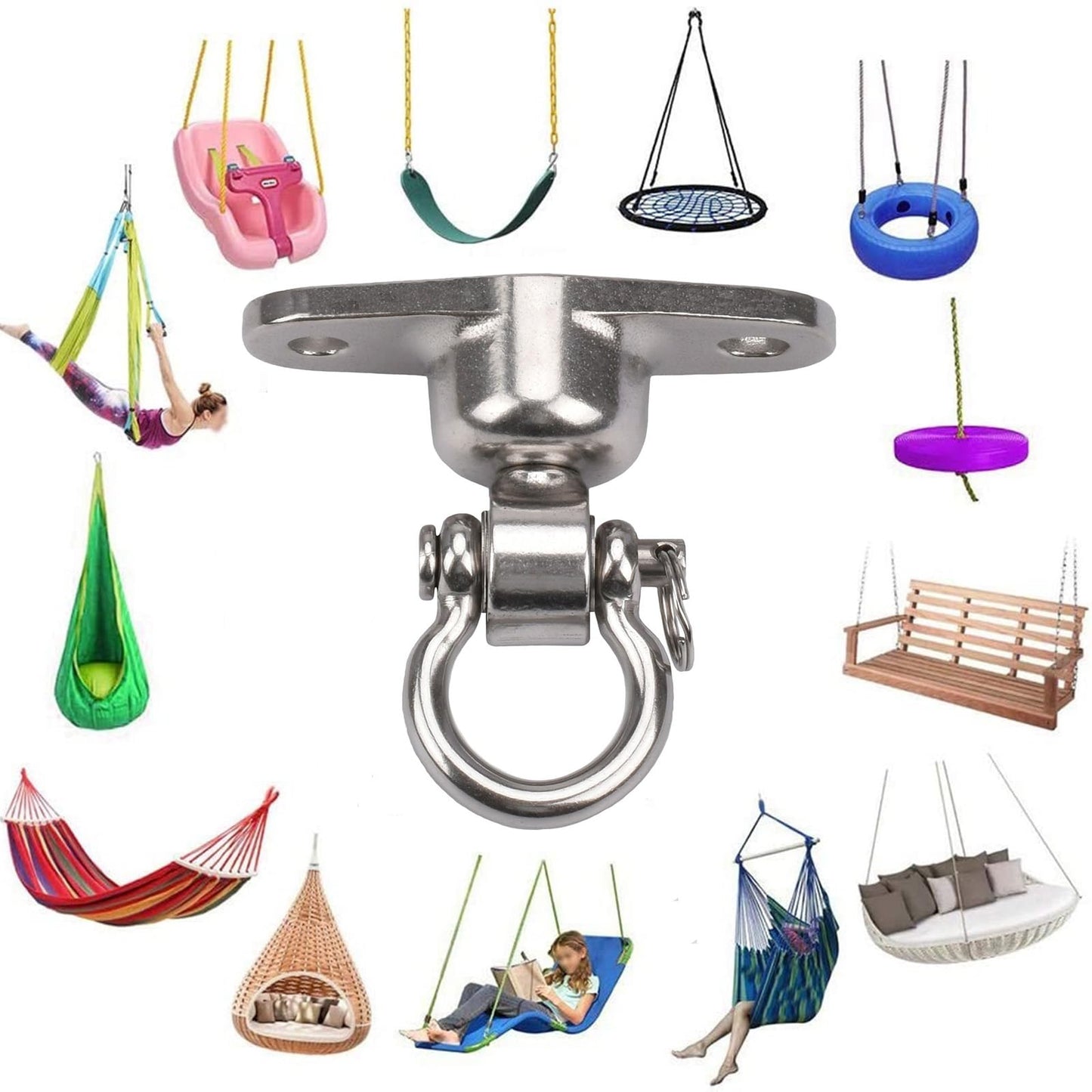WWFFEN 2 Antirust Swing Hanger Heavy Duty 360°+180°Rotation 1500LB Capacity Wood Playground Yoga Hammock Chair, Rope sandbag