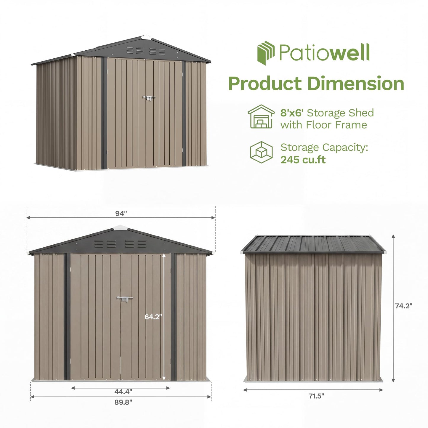 Patiowell 8x6 FT Outdoor Storage Shed with Floor Frame, Metal Garden Patio Sheds with Sloping Roof and Lockable Door, Waterproof Steel Tool Shed for Backyard Garden Lawn, Brown