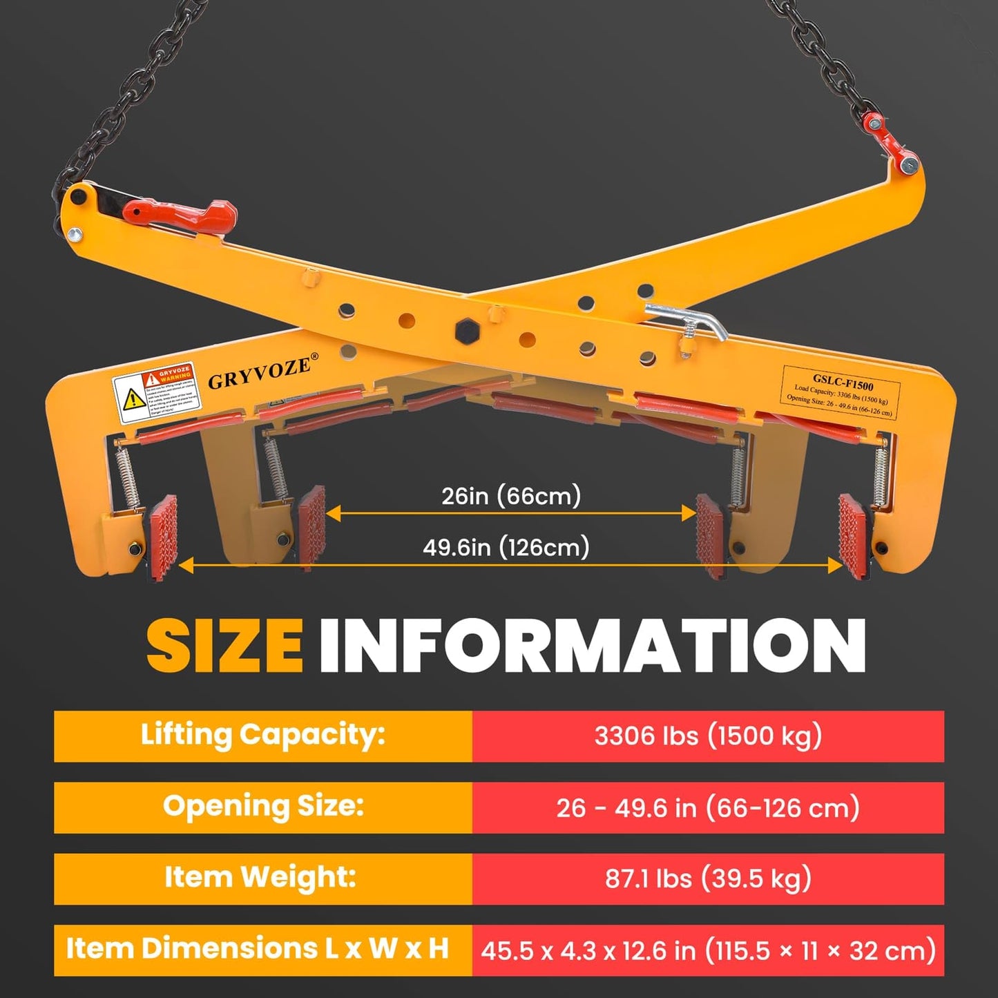 GRYVOZE 3306 lbs Granite Slab Lifting Clamp, Adjustable Range: 26"-49.6", Heavy Duty Stone Lifting Clamps for Carrying and Vertical Transport of Marble, Concrete Blocks, Slate Sheets, Curb Stones