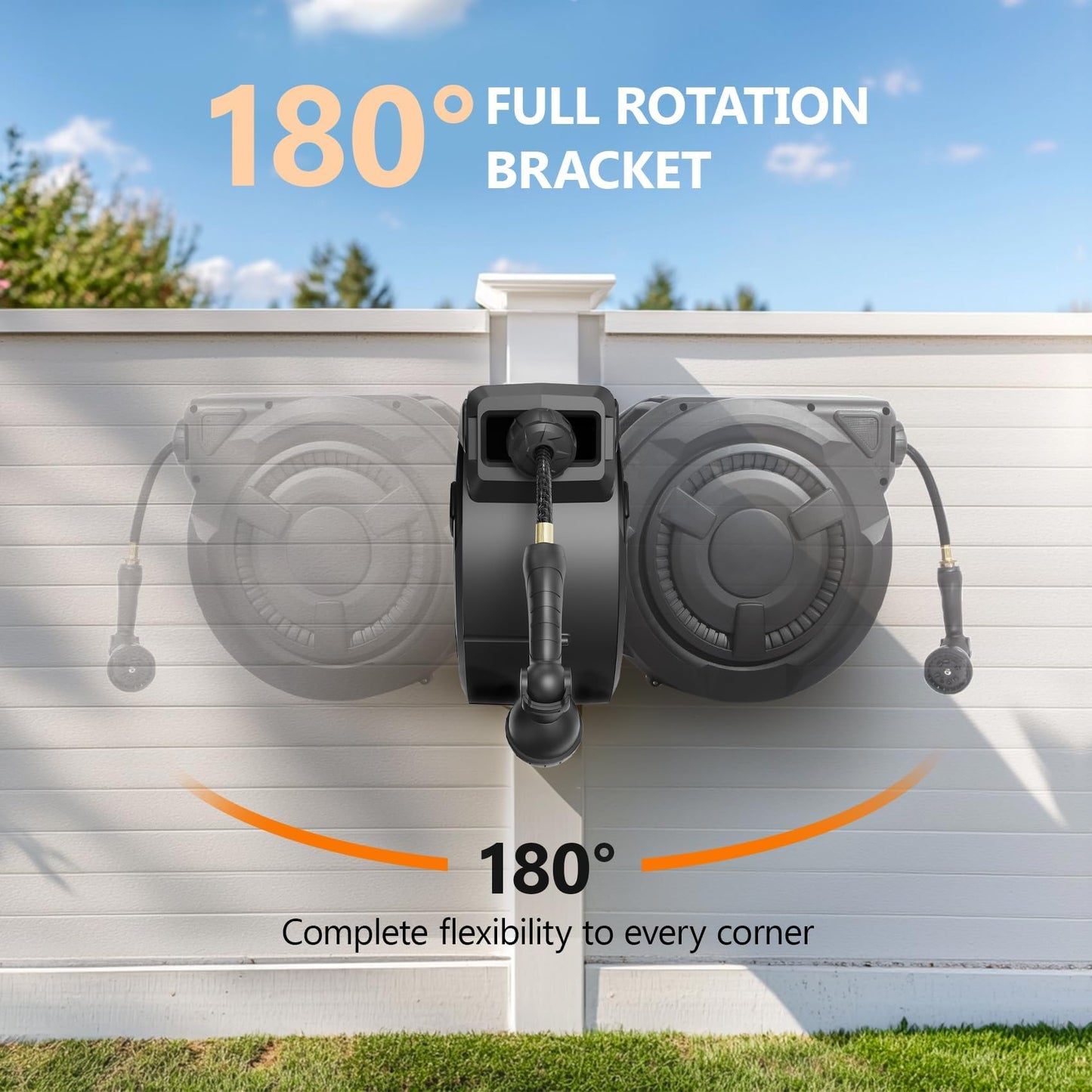 wikiwiki Retractable Garden Hose Reel 1/2 in x 130 ft, Heavy Duty Wall Mounted Hose Reel with 10- Function Sprayer Nozzle, Automatic Slow Return System/180°Swivel Bracket/UV Resistant (Black)