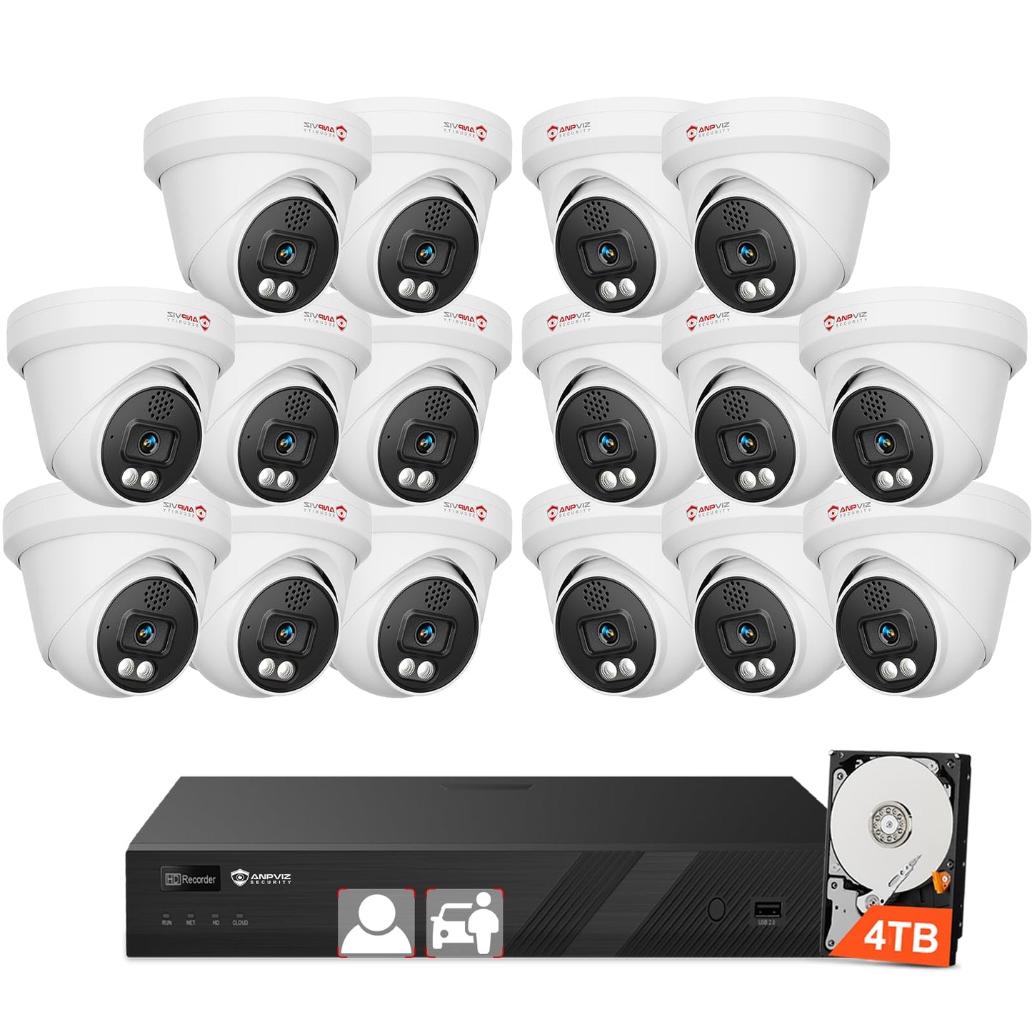 Anpviz 16CH 4K PoE Security Camera System with Two Way Audio, 16PCS 8MP Wired IP Turret Cameras Outdoor, Human Vehicle Detection,12MP PoE NVR with 4TB HDD for 24/7 Recording, for Business Home, NDAA