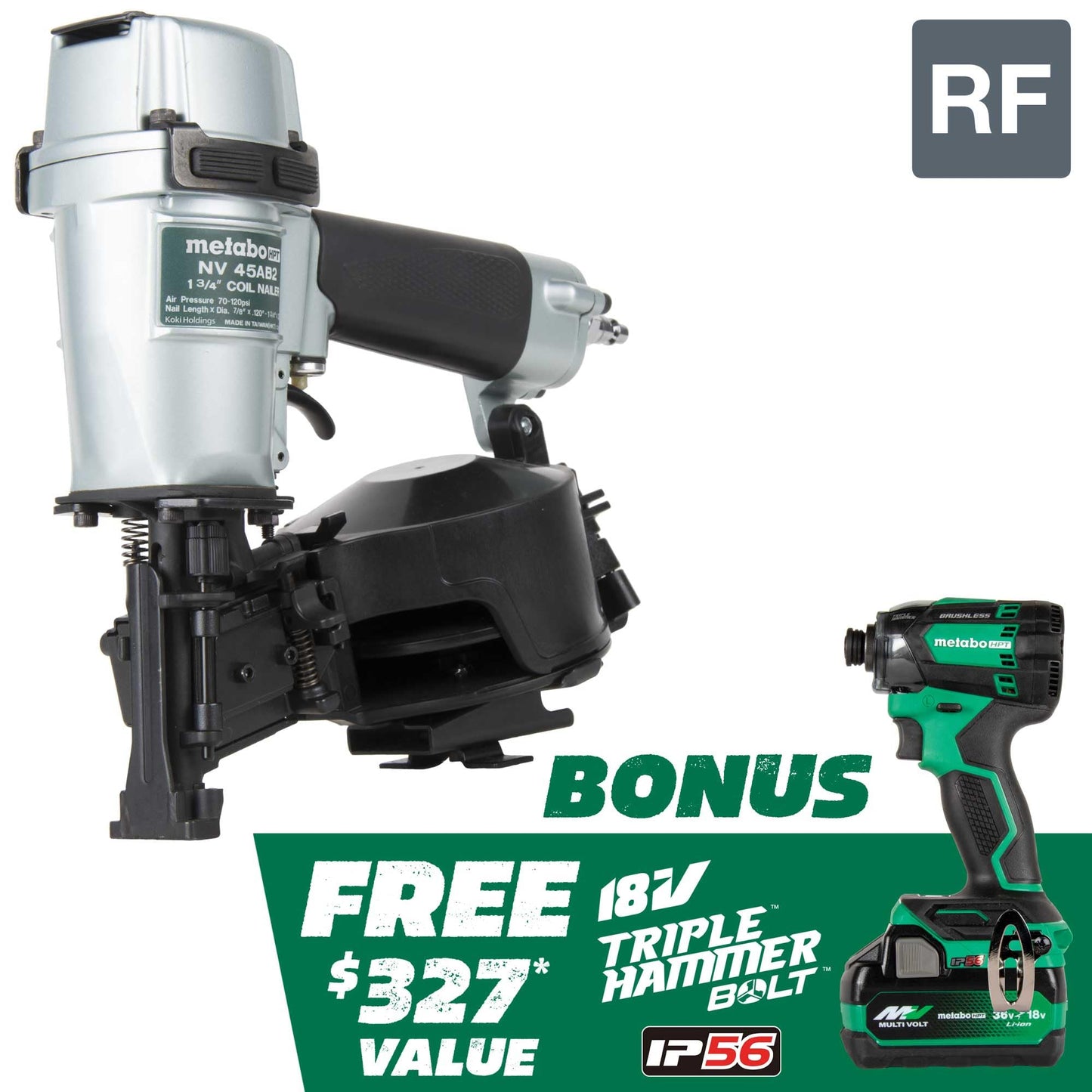 Metabo HPT Pneumatic Roofing Nailer + 18V Impact Driver Pro Bundle Kit, 1-3/4-Inch Coil Roofing Nailer with BONUS 18V Triple Hammer Impact Driver Kit, KNV45AB2
