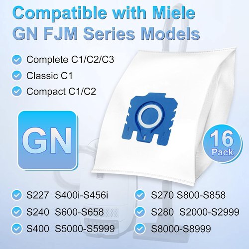 Miele 16-Pack 3D Airclean Dust Bags - Replacement for Classic C1, Complete C1 C2 C3, S2, S5, S8 Series