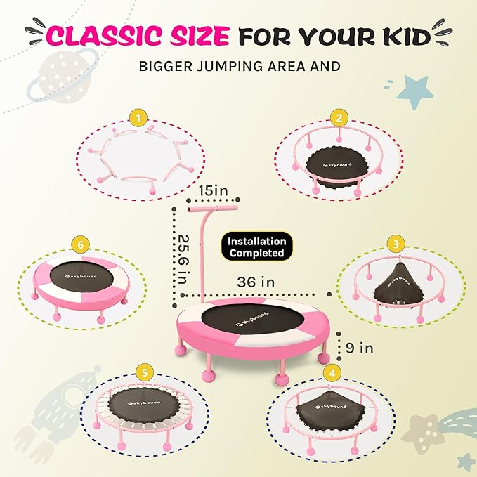 SkyBound 36 Inch Indoor Trampoline for Kids - Kids Trampoline Indoor with Handle - Toddler Trampoline with Upgraded 2.0mm Steel Pipe and Handlebar - Mini Indoor Trampoline for Kids Age 3 and Above
