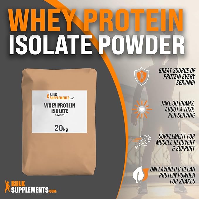 BulkSupplements.com Whey Protein Isolate Powder - Whey Protein Powder, Unsweeteneed, Unflavored & Gluten Free - 30g per Serving, 20kg (44 lbs) (Pack of 1)