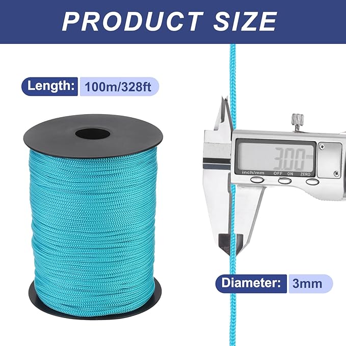 MECCANIXITY 1/8 Inch Polypropylene Rope Braided Ropes, 328ft Nylon Rope Hollow Utility Cord for Clothesline, Camping, Hiking, Outdoor, Blue Green