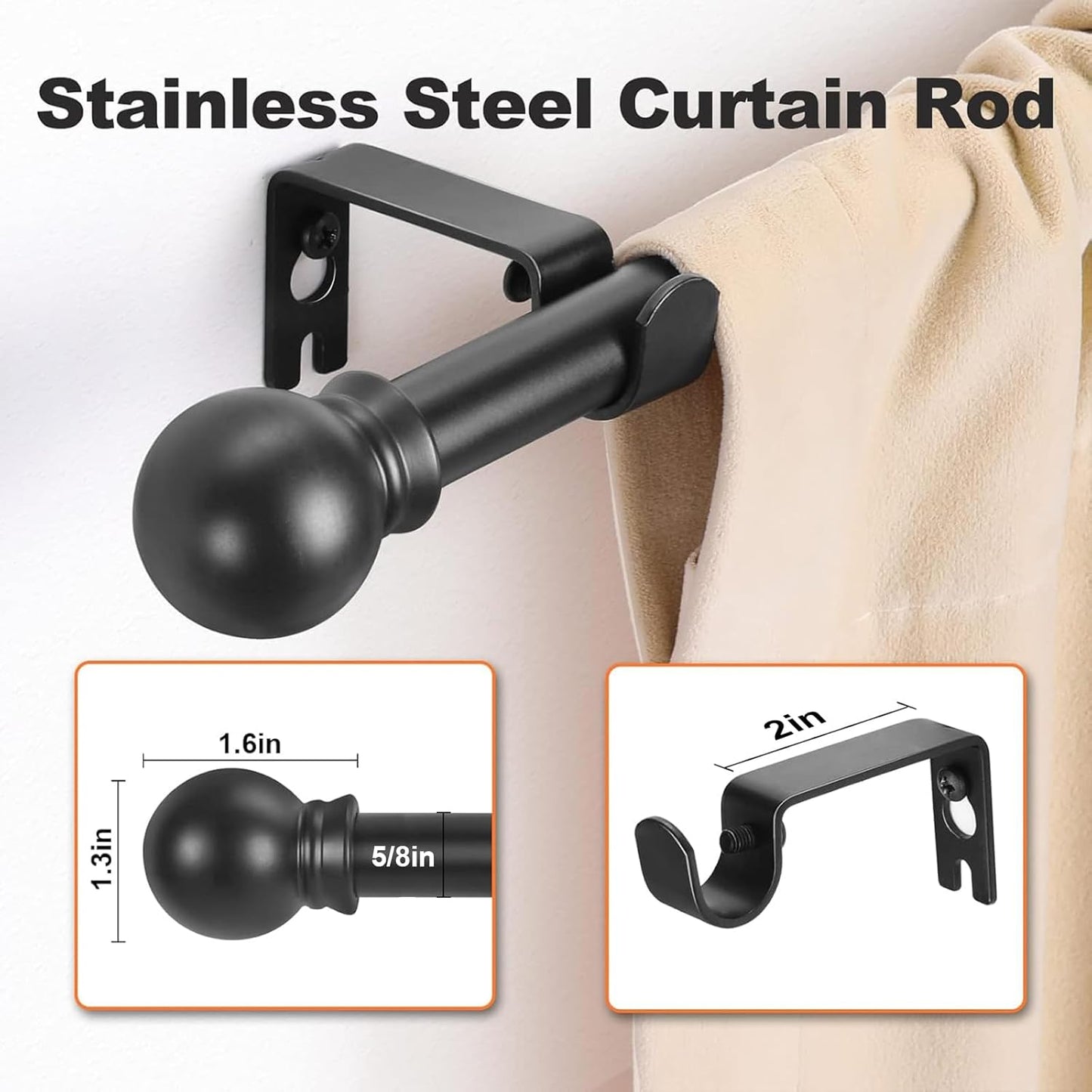 Skiennix Black Curtain Rods - Adjustable 36"-48" Decorative Drapery Rod for Bedroom & Living Room
