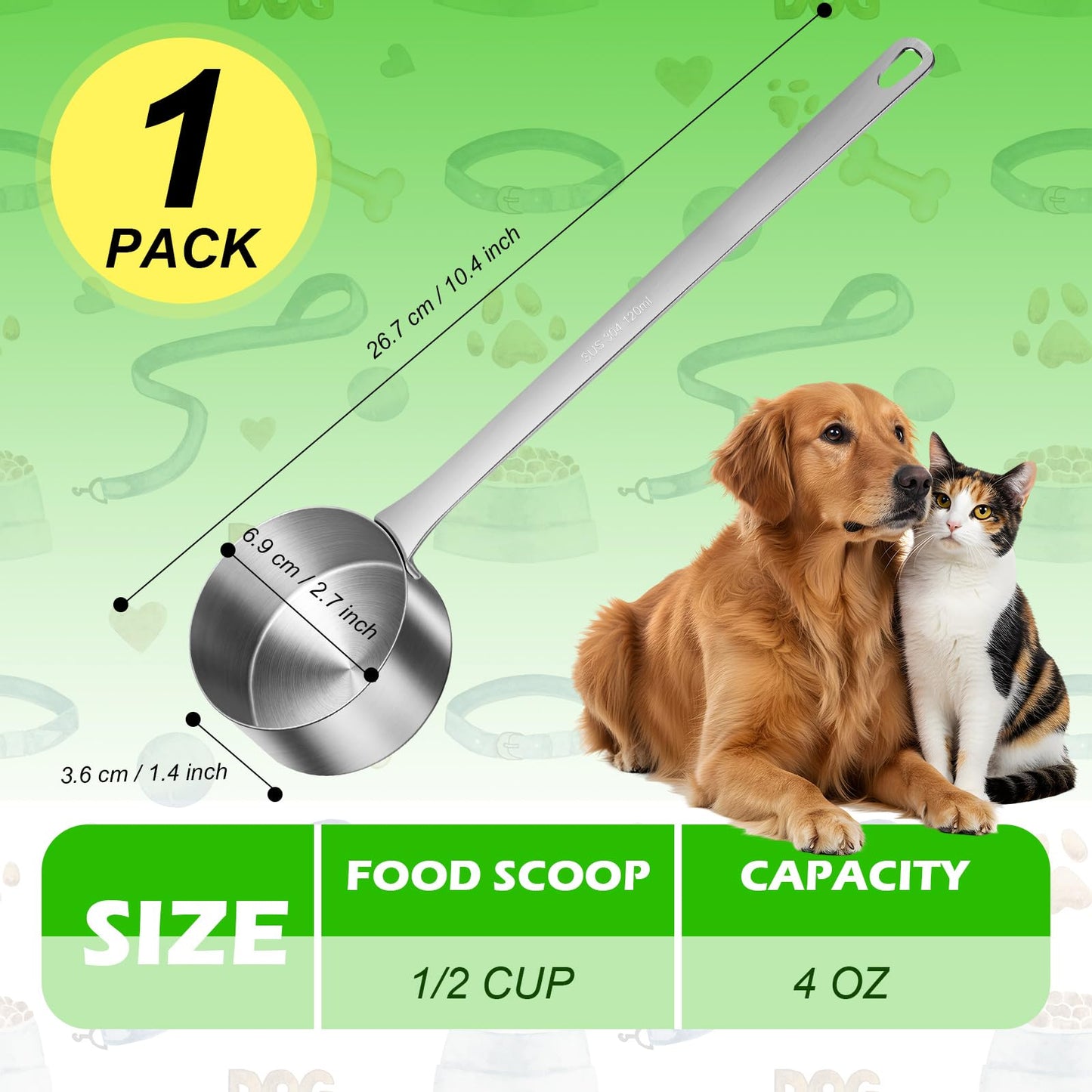 Ashmacdo 1/2 Cup Dog Food Scoop,Scoop for Dog Foods with 7.8'' Long Handle,Stainless Steel Dog Food Measuring Cups for Pet Foods,Easy to Clean (1/2 CUP)