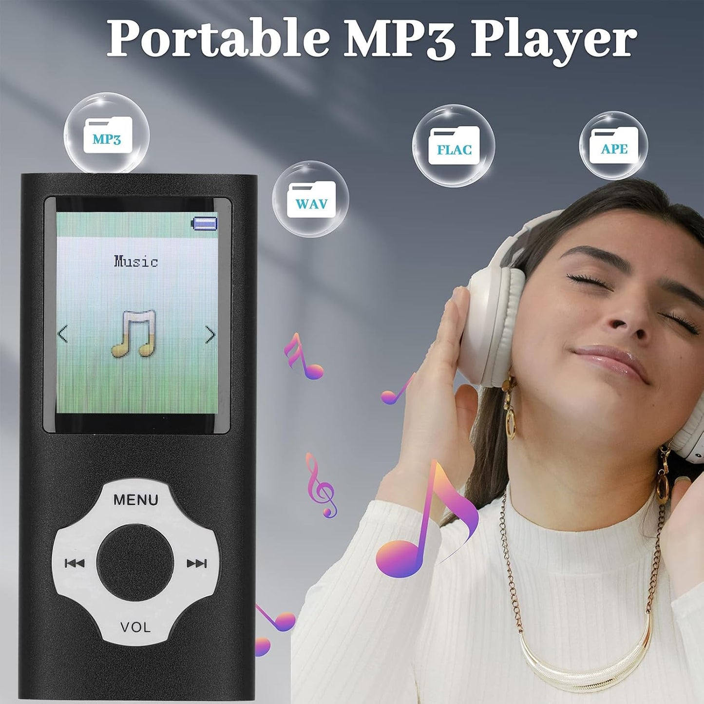 Jectse MP3 MP3 MP4 16GB Bluetooth Player, Ultra Slim Player Portable Music Player with Small Memory Card, Noise