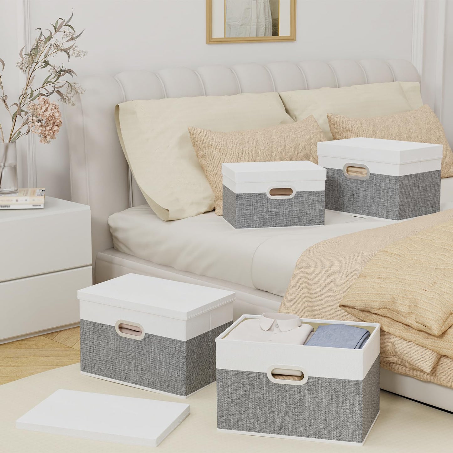 Yawinhe Fabric Storage Bins with Lids, Decorative Boxes with 2 Metal Handles, Waterproof Cube Organizer Basket, Closet Containers, White/Gray, 17.3''Lx11.8''Wx11.8''H, 5-Pack