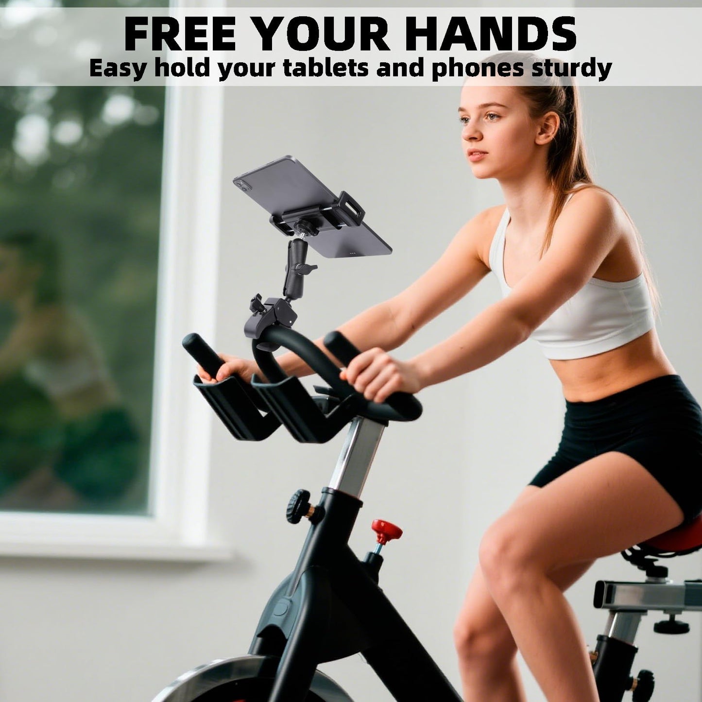FPN Spin Bike Tablet Holder for iPad, Phone Holder Stand Exercise Bike Handlebar Mount for Treadmill Stationary Bicycle Elliptical Spin Bike Stroller Mic Stand, Compatible with iPad, iPhone (4.7-13")