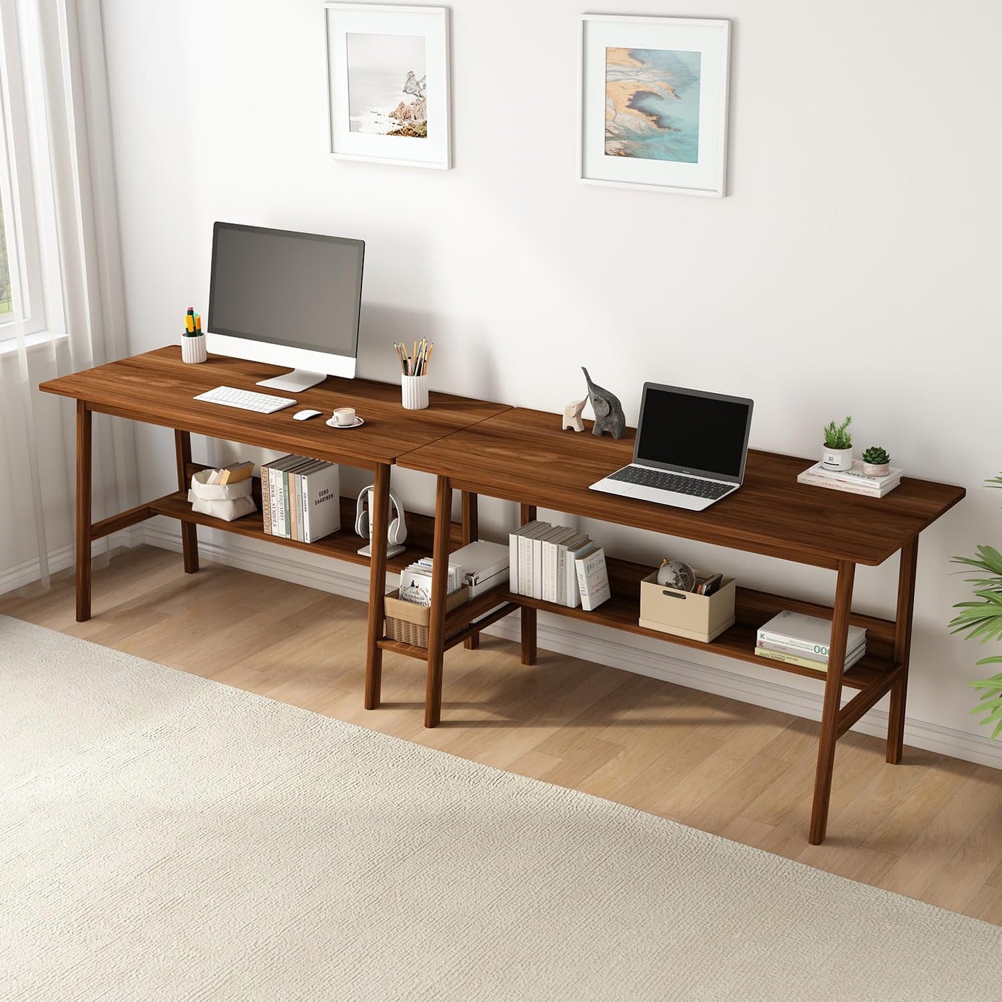 NELYE 2-Person Writing Desk with Bookshelf - 110" Wooden Extra Long Home Office Work Table, Double Study Computer Workstation with Storage Shelves in Walnut, 110" W x 24" D