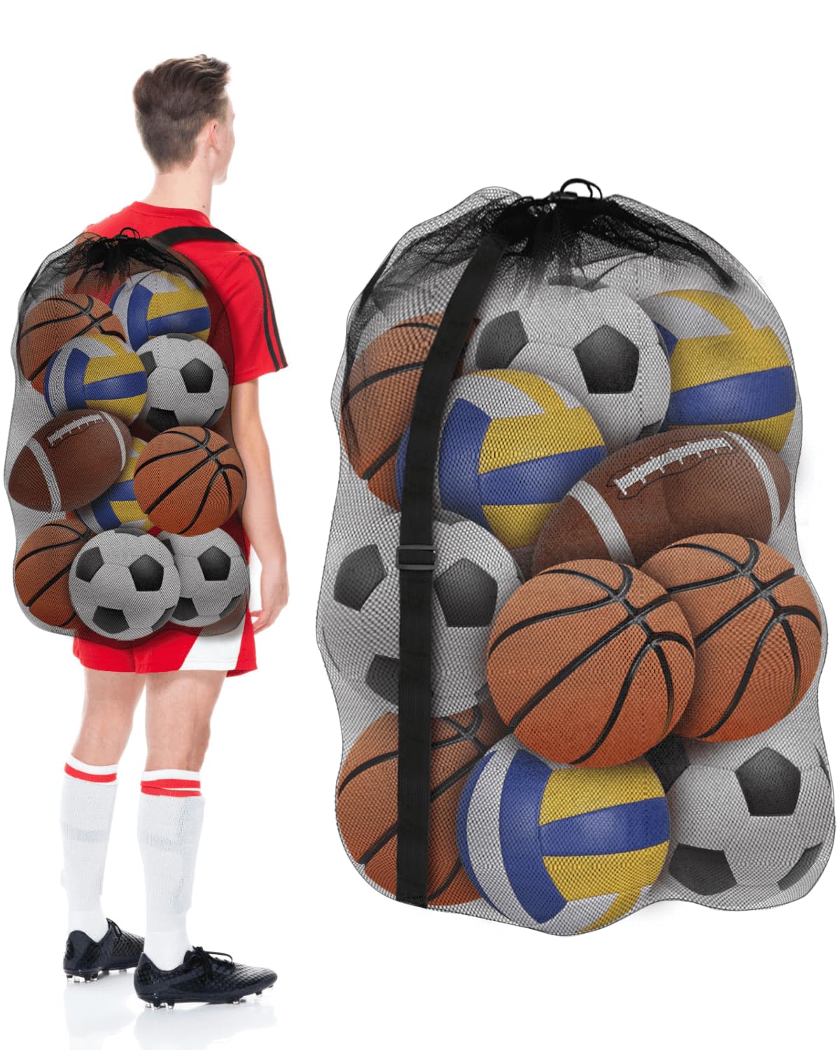 Youeon 4 Pcs Extra Large Mesh Ball Bags 30 x 40 Inch, Heavy Duty Sports Ball Bag with Drawstring Closure & Adjustable Shoulder Strap, Black Ball Storage Bags for All Kinds of Balls, Laundry