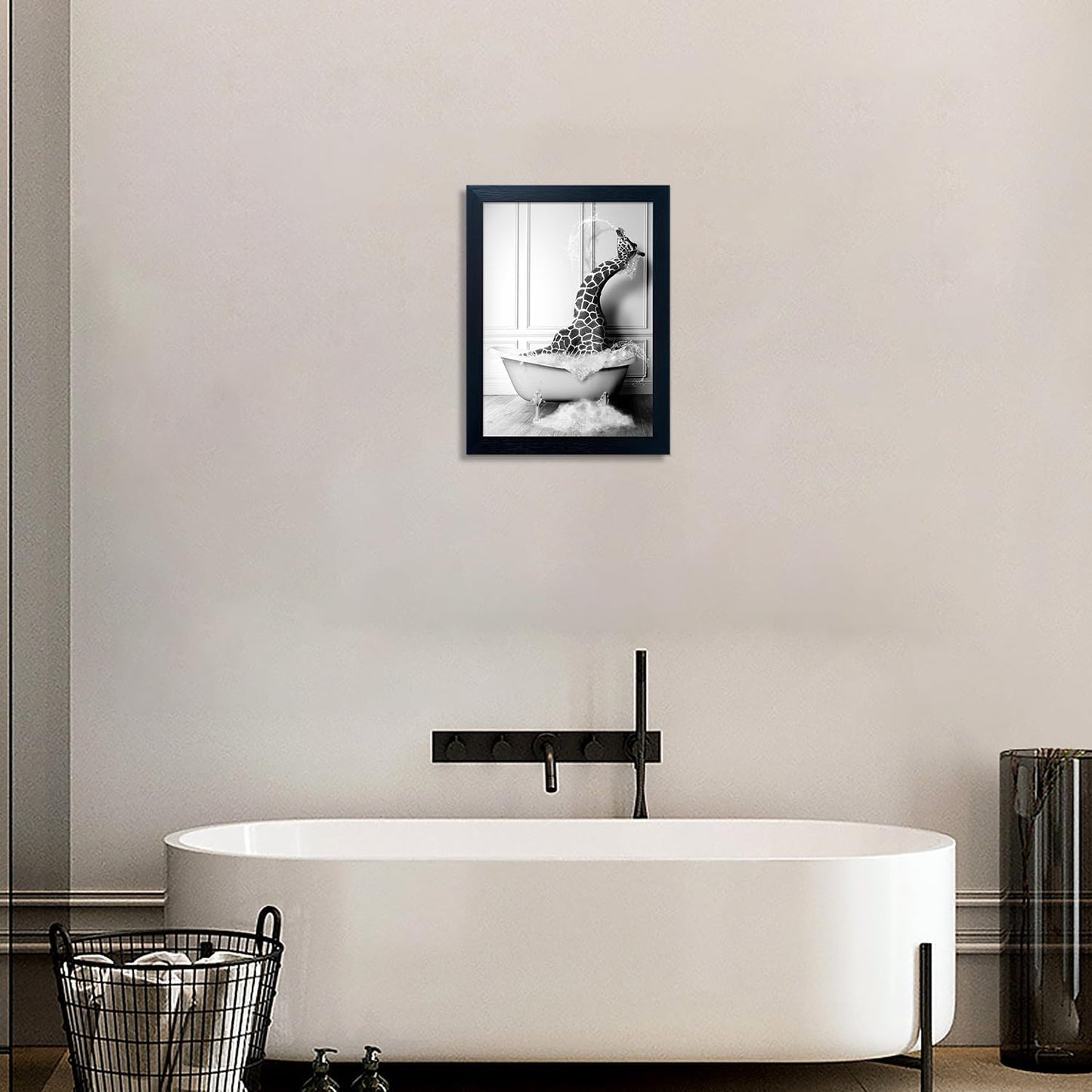Skiennix Framed Animal Bathroom Wall Art - Funny Giraffe in Bathtub Canvas Print | Black and White Decor for Kids' Bathrooms