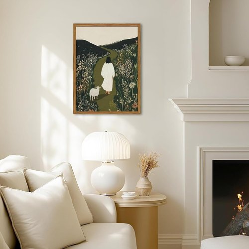 Framed Jesus Wall Art - Christian Canvas Print of Jesus and The Lost Lamb | 12x16 Inch Religious Decor