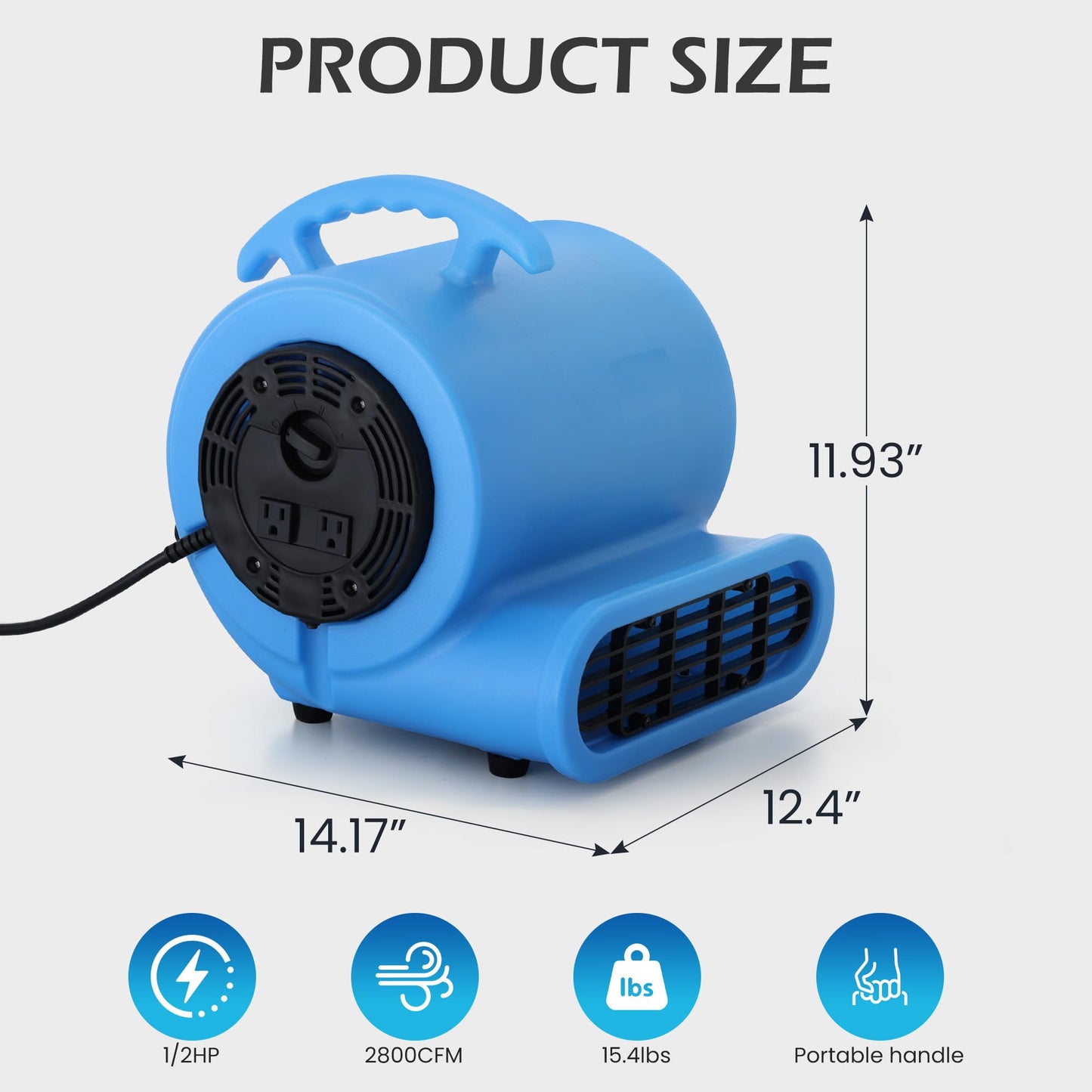 RYNSTO Commercial 1/2 HP Air Mover Fan for Water Damage Restoration,2800 CFM Industrial Carpet Dryer, Floor Fans,3-Speed Floor Fan with Daisy Chain