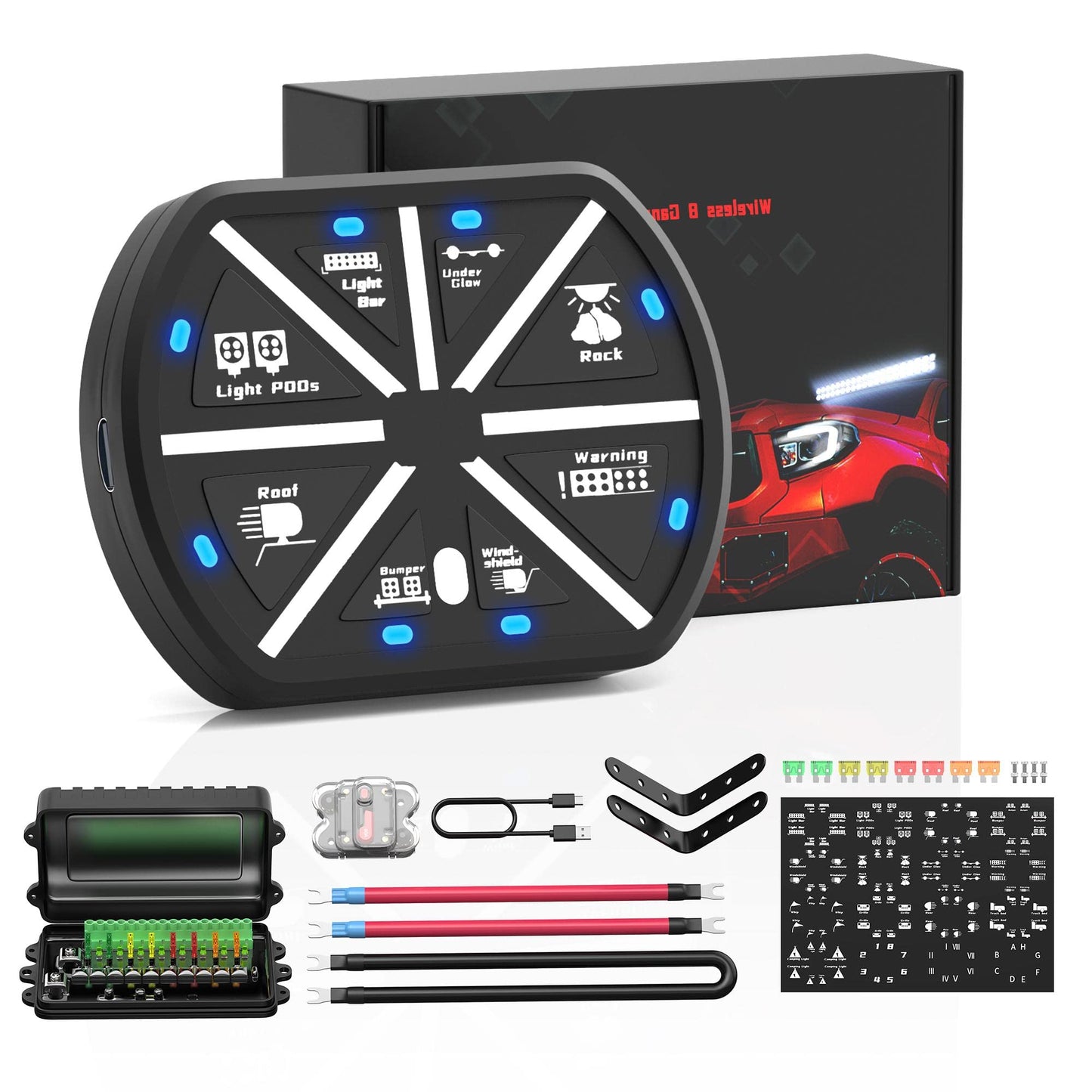 Joinfworld 8 Gang Switch Panel Universal Circuit Control Relay System Box Automotive Rechargeable Remote Wireless Control Panel with On-Off Blue LED for Car Truck Boat UTV SUV RV
