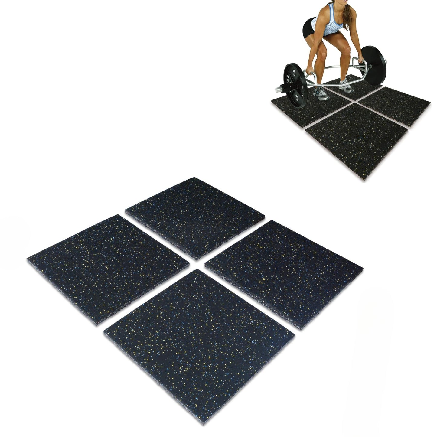 Nisorpa 1" Thick Rubber Exercise Equipment Mats, Anti-Vibration Pads 20" x 20'', Sound Absorbing Mat, Gym Floor Tiles Non-Slip, with 12 Pcs Buckles for Fixing, for Fitness Equipment (4 Pcs)
