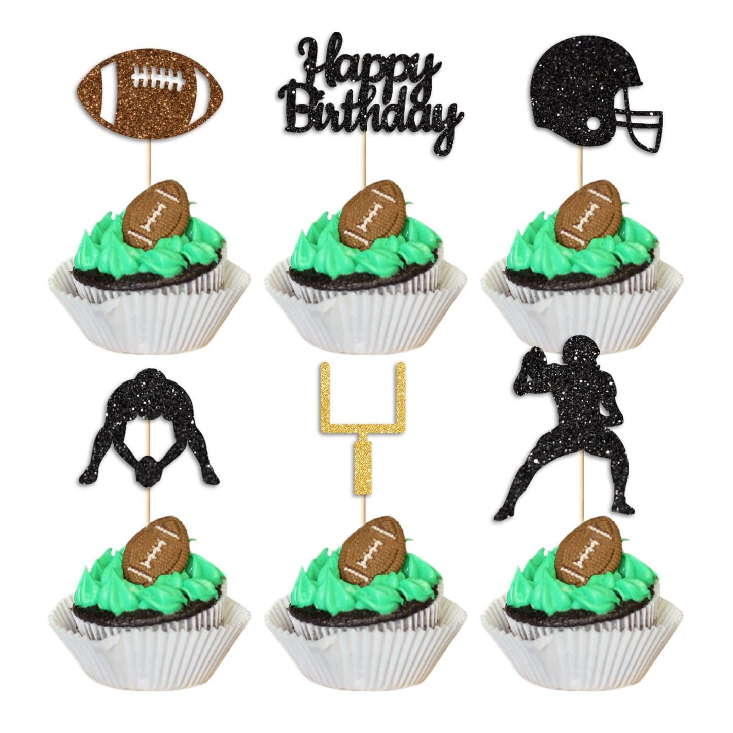 Vofrise 36PC Football Cupcake Toppers for Birthday,Glitter Football Cake Toppers for Boys Birthday Party Decorations Supplies
